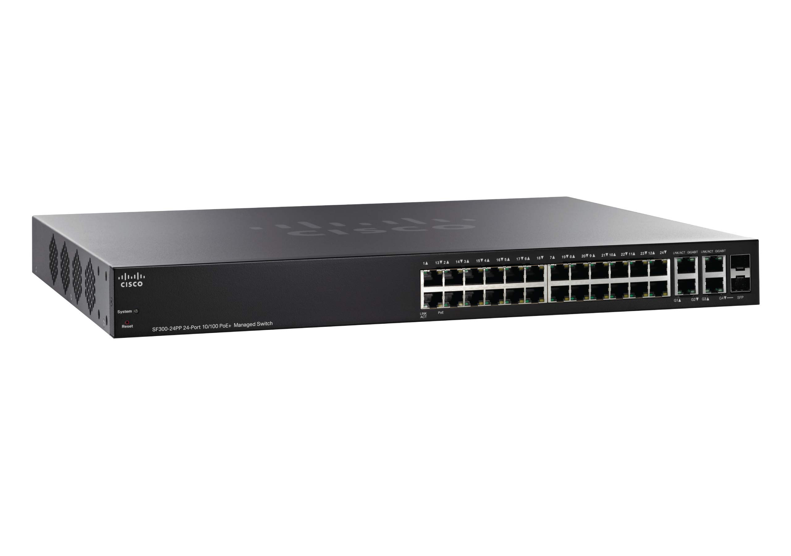 Cisco SF300-24PP-K9-NA 24-Port 10/100 PoE Managed Network Switch with Gigabit Uplinks | Small Business Enhanced Limited Hardware Warranty | Ideal for Office Networking, Surveillance Systems & VoIP Phone Setups | Remanufactured