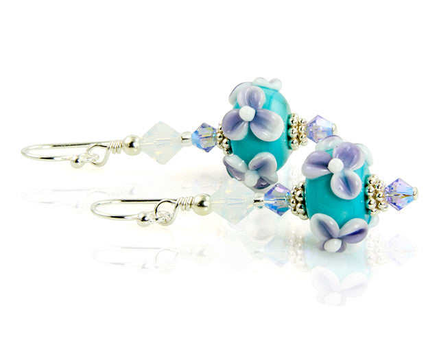 Handmade Turquoise and Lilac Floral Lampwork Glass Earrings – Boho Chic Jewelry for Women, Perfect for Weddings, Parties & Everyday Wear