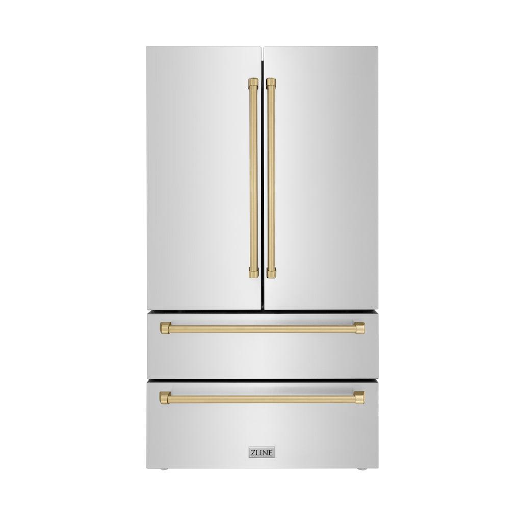 ZLINE Autograph Edition 36 Inch Counter Depth French Door Refrigerator - 22.5 cu ft Stainless Steel with Ice Maker & Champagne Bronze Handles | Fingerprint Resistant | Perfect for Modern Kitchens & Open Concept Homes (RFMZ 36 CB)