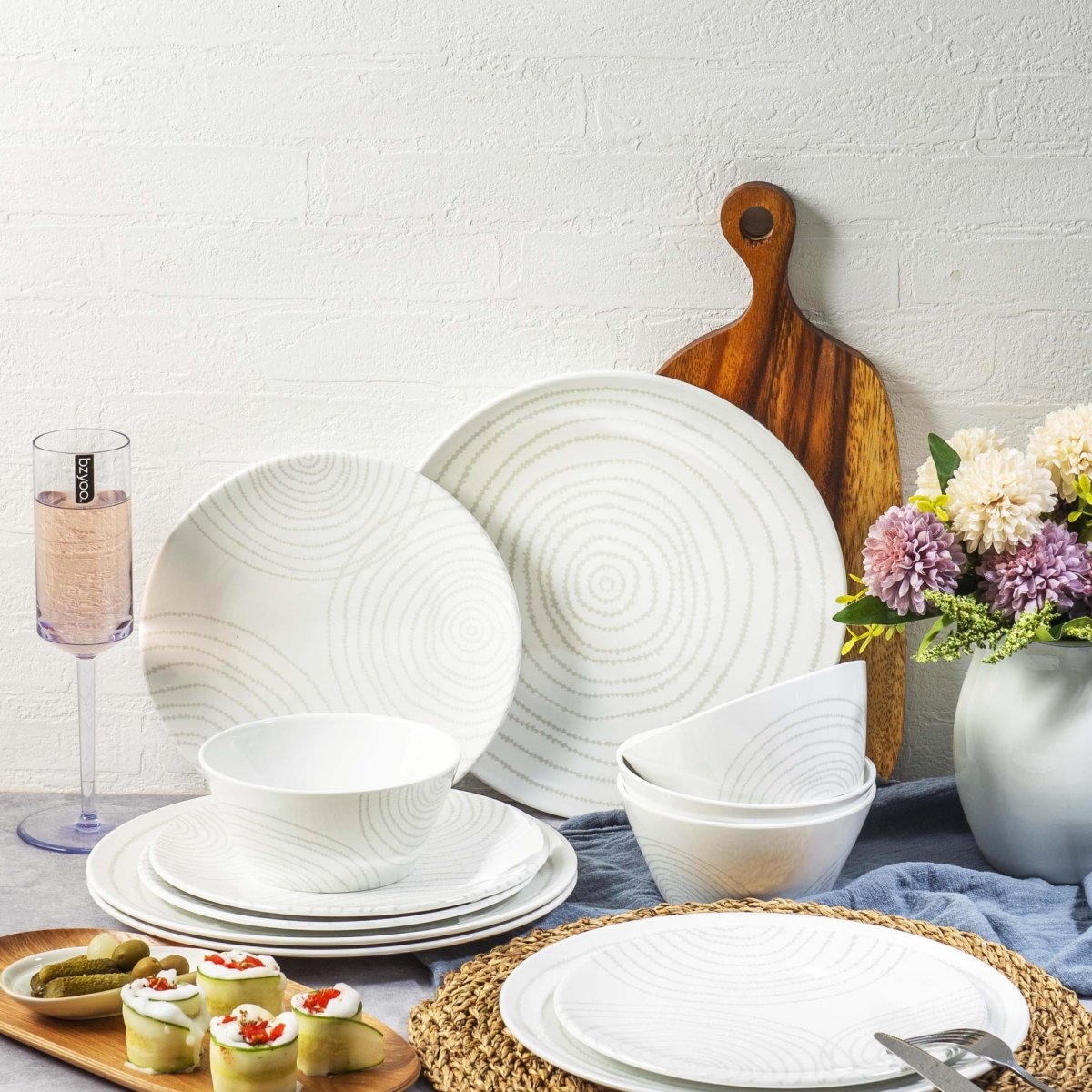 12-Piece White Melamine Dinnerware Set - Durable Planet-Themed Plates & Bowls for Outdoor Picnics, Camping, and Everyday Use