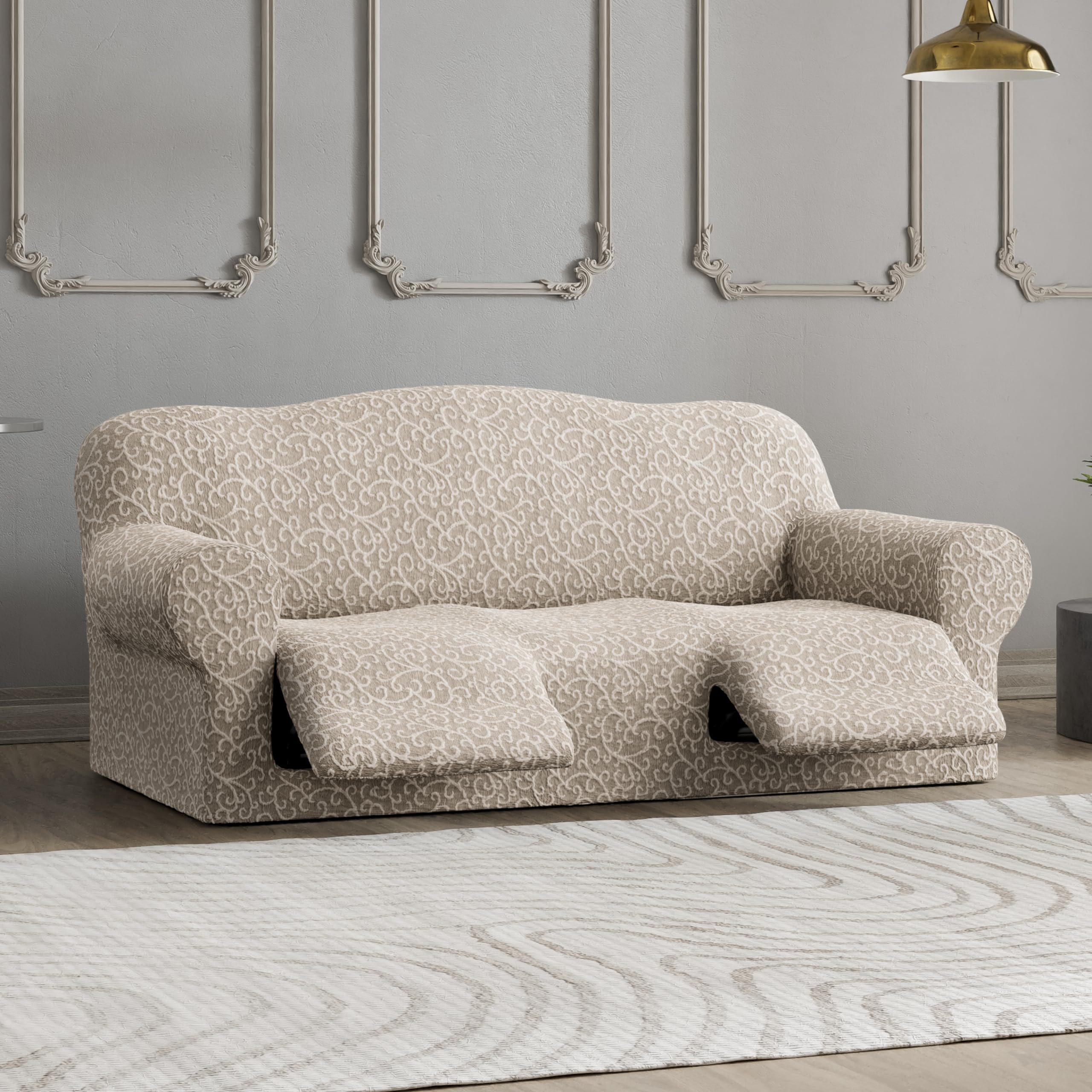 PAULATO BY GA.I.CO. Recliner Sofa Cover - Stretchable 1-Piece Slipcover for Reclining Sofas - Soft Polyester Fabric Protector - Jacquard 3D Design in Beige Arabesco - Perfect for Living Room, Home Theater & Family Room Furniture Protection