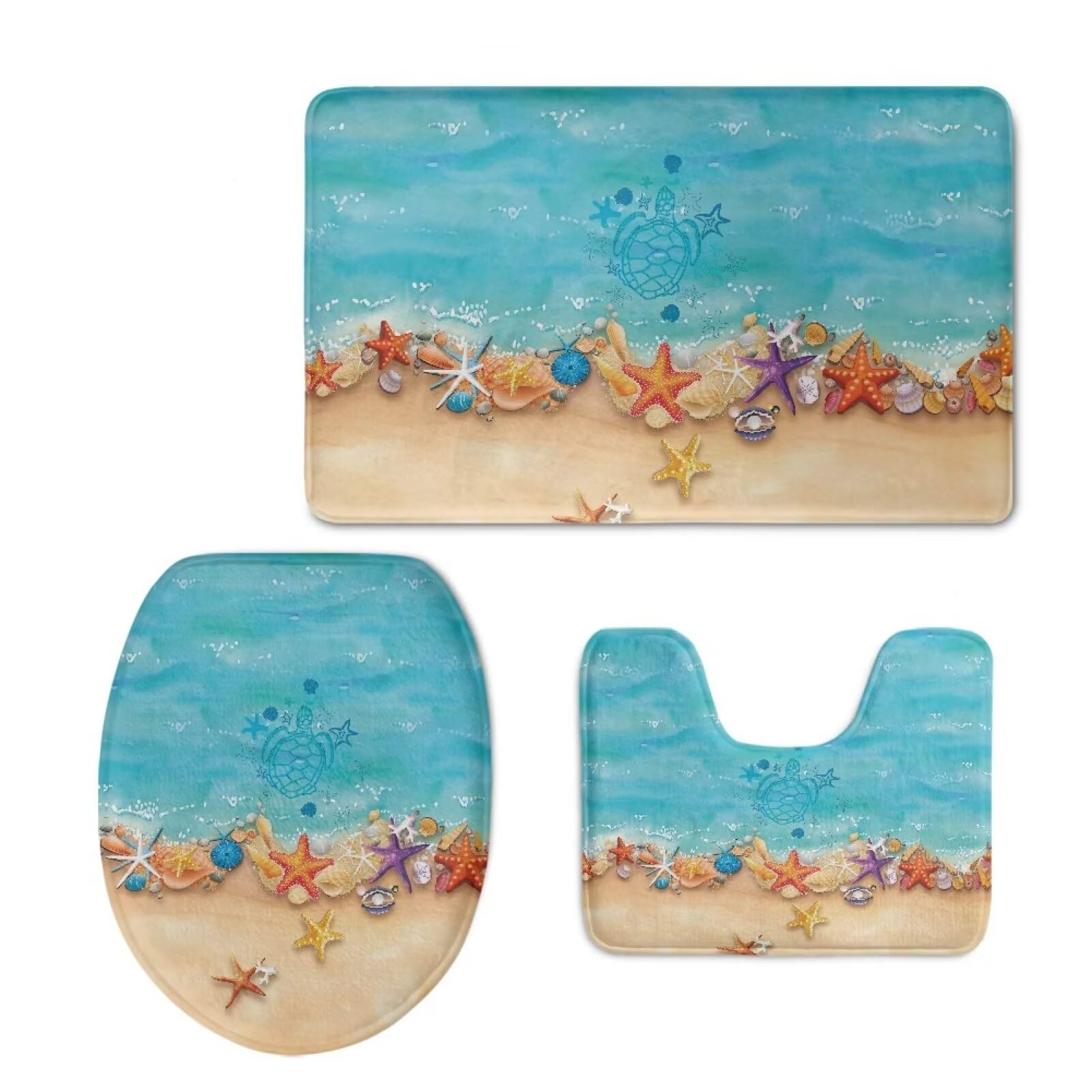 UNICEU Non-Slip Absorbent 3-Piece Beach Seashell Starfish Bathroom Rug Set - Toilet Lid Cover, Contour Mat & Bath Mat for Coastal Decor, Guest Bathrooms & Vacation Homes