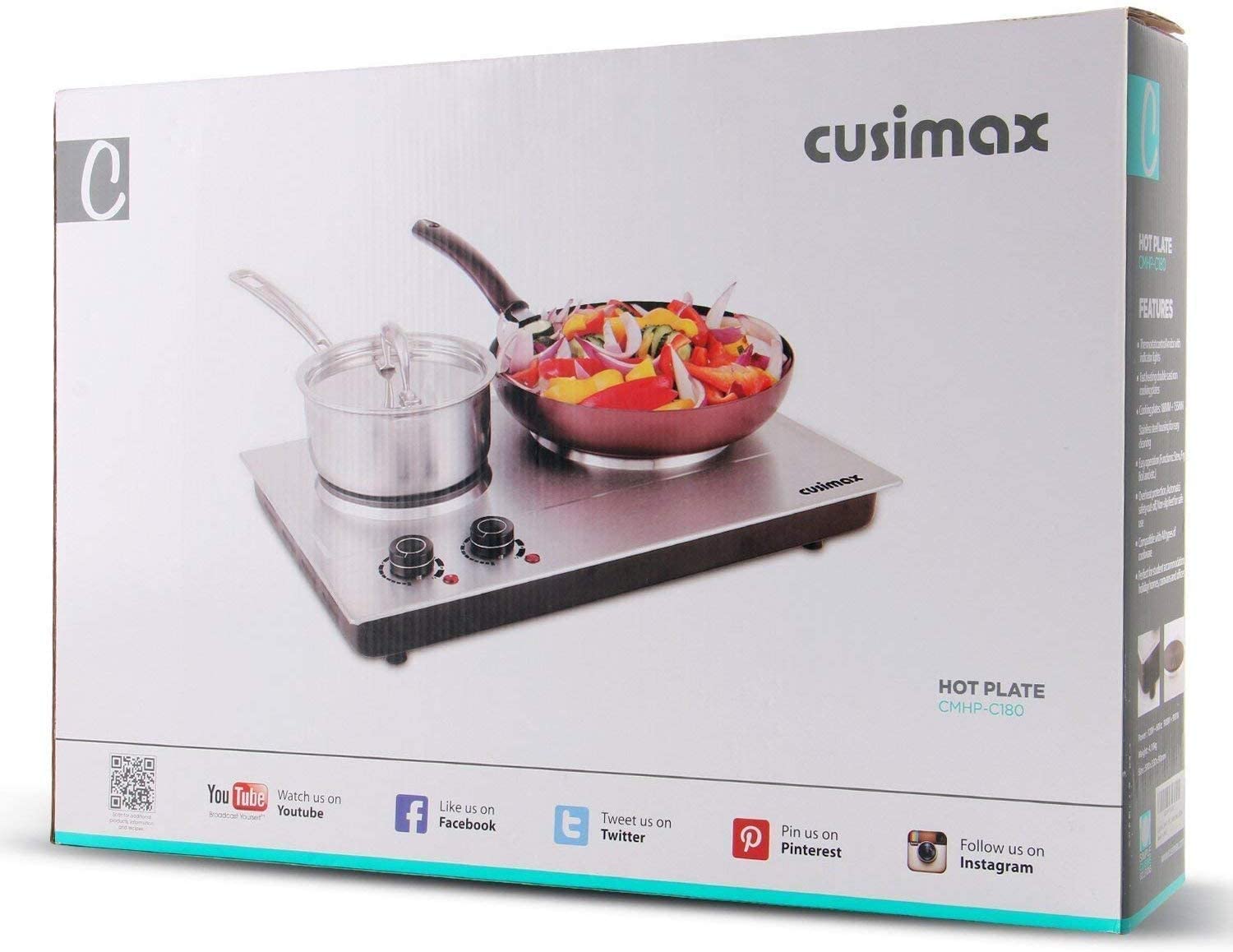 CUSIMAX 1800W Double Burner Electric Hot Plate - Stainless Steel Portable Cooktop with Cast Iron Heating Plates | Easy Clean Countertop Burner for Home, Office & Camping Cooking | Upgraded Version C180N