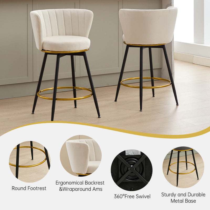 Set of 2 Counter Height Bar Stools - 360° Swivel Upholstered Barstools with Back Support & Sturdy Metal Legs, 26 Inch Seat Height, Soft Velvet Fabric, Gold Footrest - Perfect for Kitchen Islands, Breakfast Bars & Home Bars