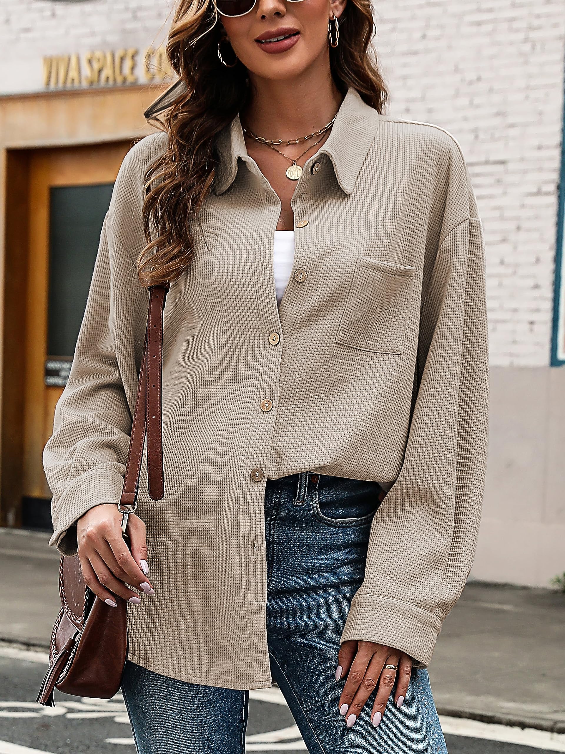 KYLELOVE Women's Oversized Waffle Knit Shacket - Long Sleeve Button Down Casual Jacket with Pockets | Perfect for Fall Layering, Workwear & Weekend Outfits