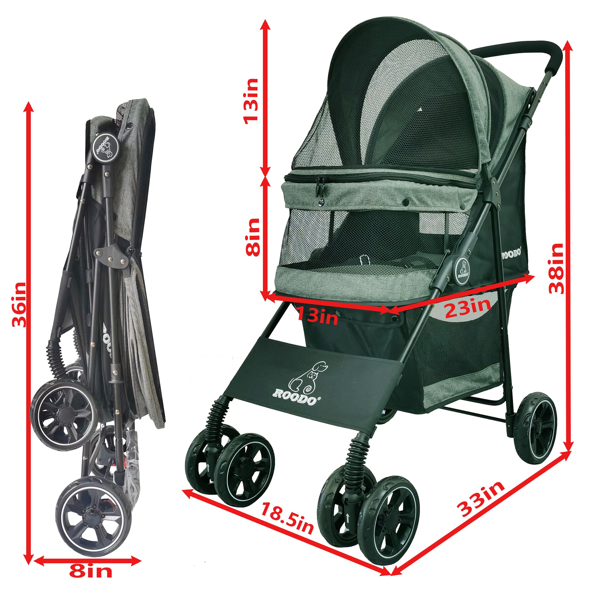 ROODO 4-Wheel All-Terrain Pet Stroller - Lightweight, Foldable & Portable for Dogs & Cats up to 30lbs - Perfect for Jogging, Travel & Outdoor Adventures (Cationic Ash) - Ideal for Medium/Small Dogs, Cats, Puppies & Bunnies