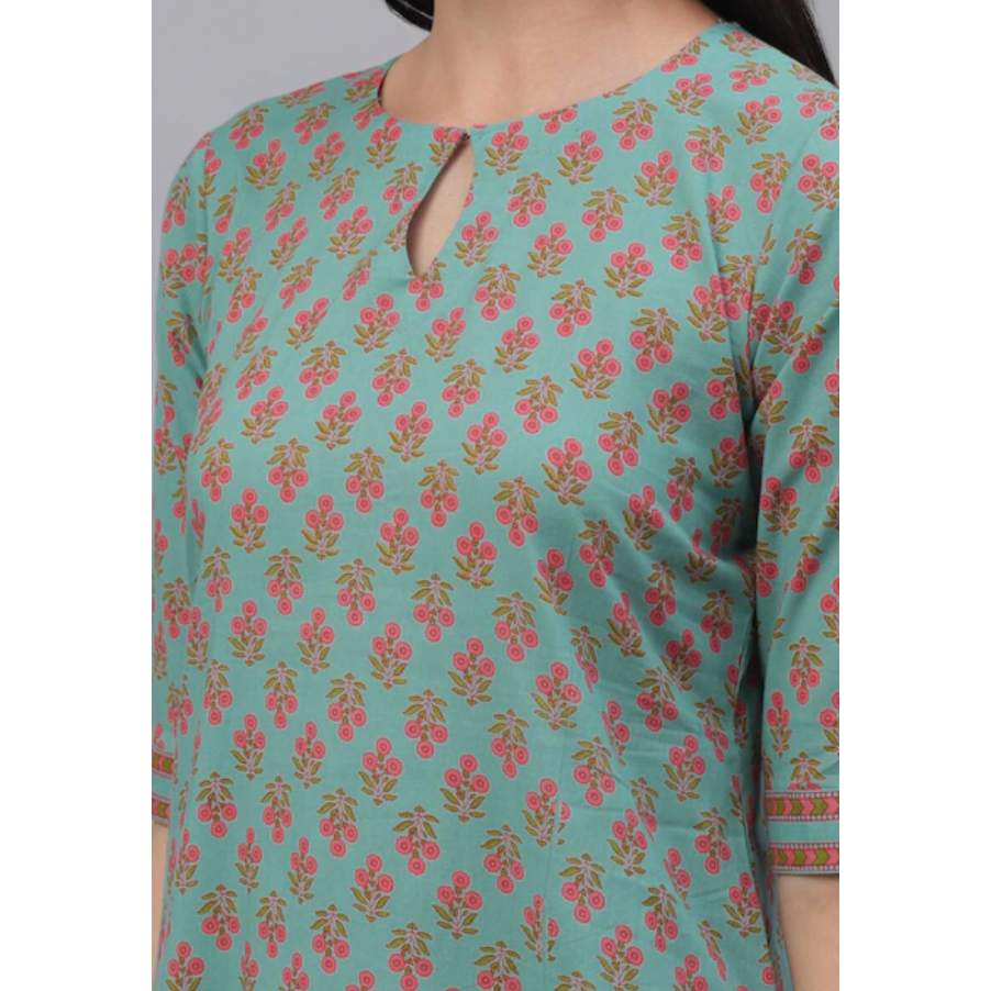 Bottle Green Cotton Kurta Set with Pink Floral Print & Matching Trousers | Traditional Indian Ethnic Wear for Women | Perfect for Festivals, Weddings & Casual Outings