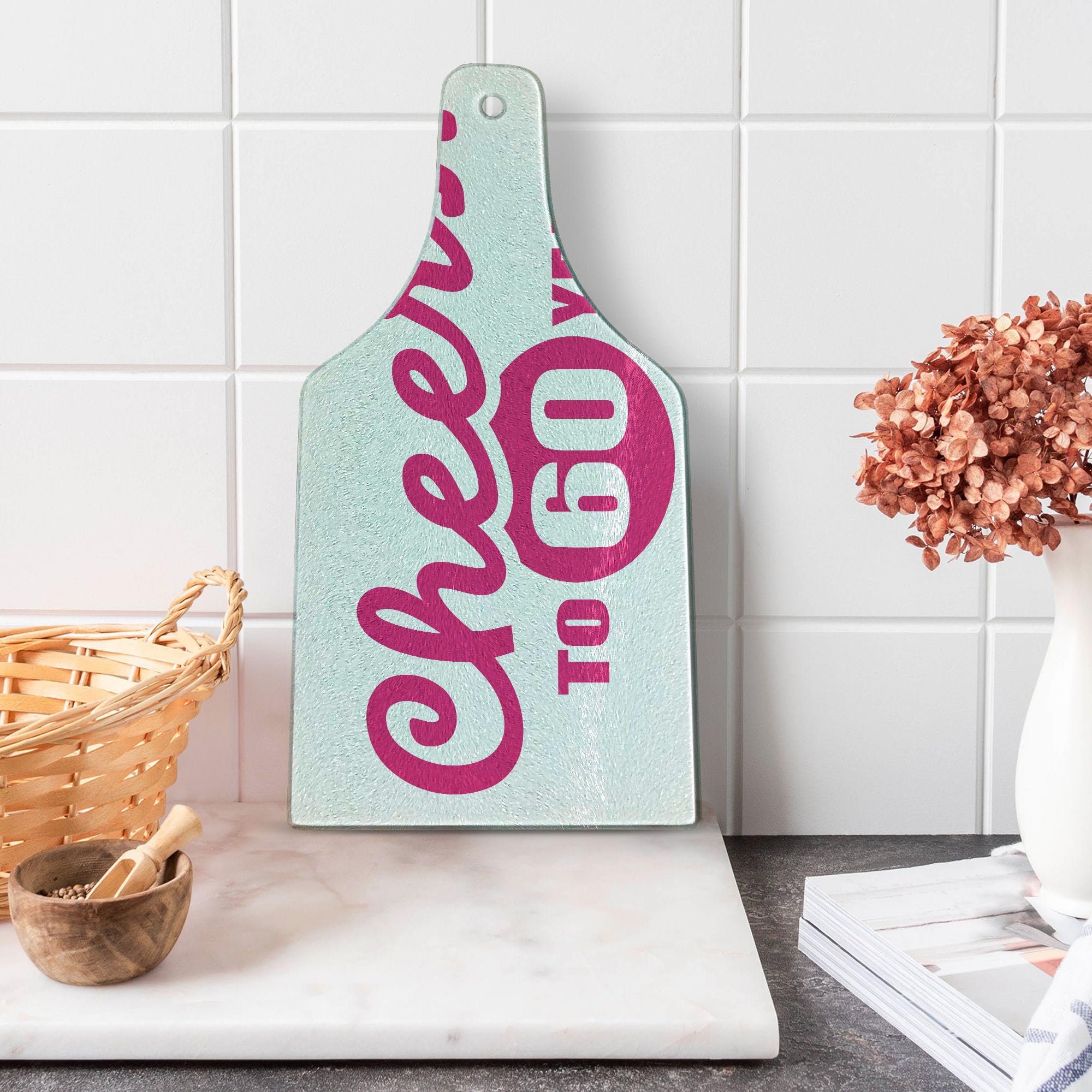 Ambesonne 60th Birthday Wine Bottle Shaped Cutting Board - Happy Cheerful Words Print, Tempered Glass Serving Tray for Party Decorations - Perfect for Anniversary Celebrations, Wine Tastings & Kitchen Decor (Hot Pink & White)