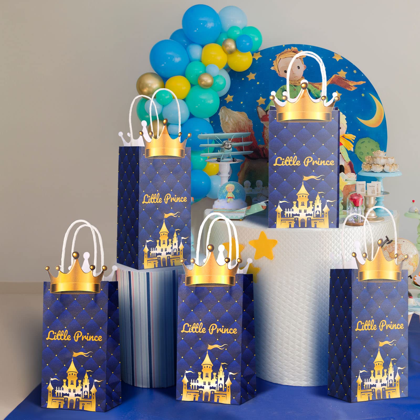 16 Pack Prince Party Favor Bags with Glitter Crowns & Handles - Kraft Paper Goodie Bags for Baby Showers, Birthdays, Royal Themed Parties - Perfect for Treats, Gifts & Party Supplies