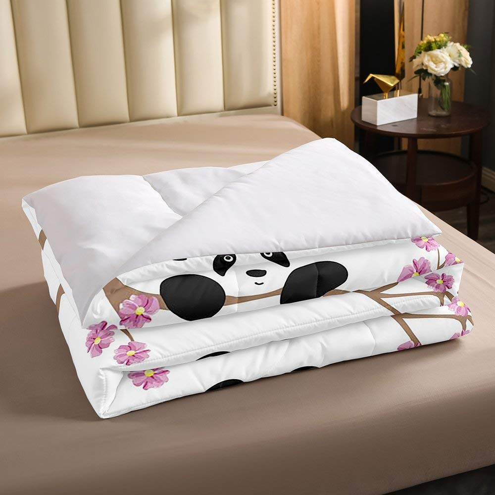 Erosebridal 7-Piece Panda Comforter Set with Fitted Sheet - Cherry Blossom Print Bedding Collection for Kids & Teens - Cozy Bedroom Decor for Nursery, Dorm Room or Gift