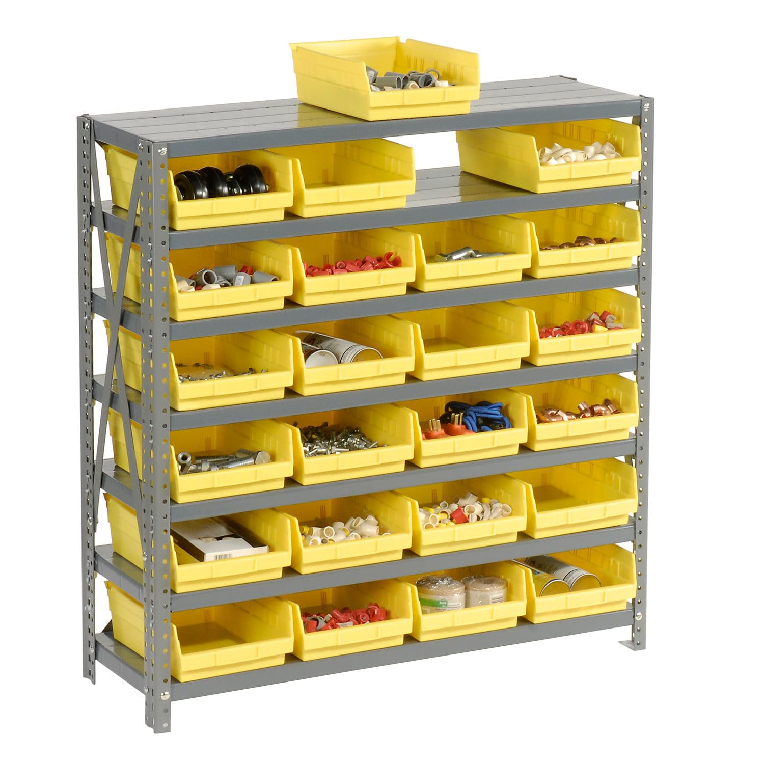 7-Shelf Steel Storage Rack with 24 Plastic Bins - Heavy Duty Industrial Shelving Unit, 36x12x39 Inches, Yellow - Perfect for Warehouse, Garage & Retail Organization
