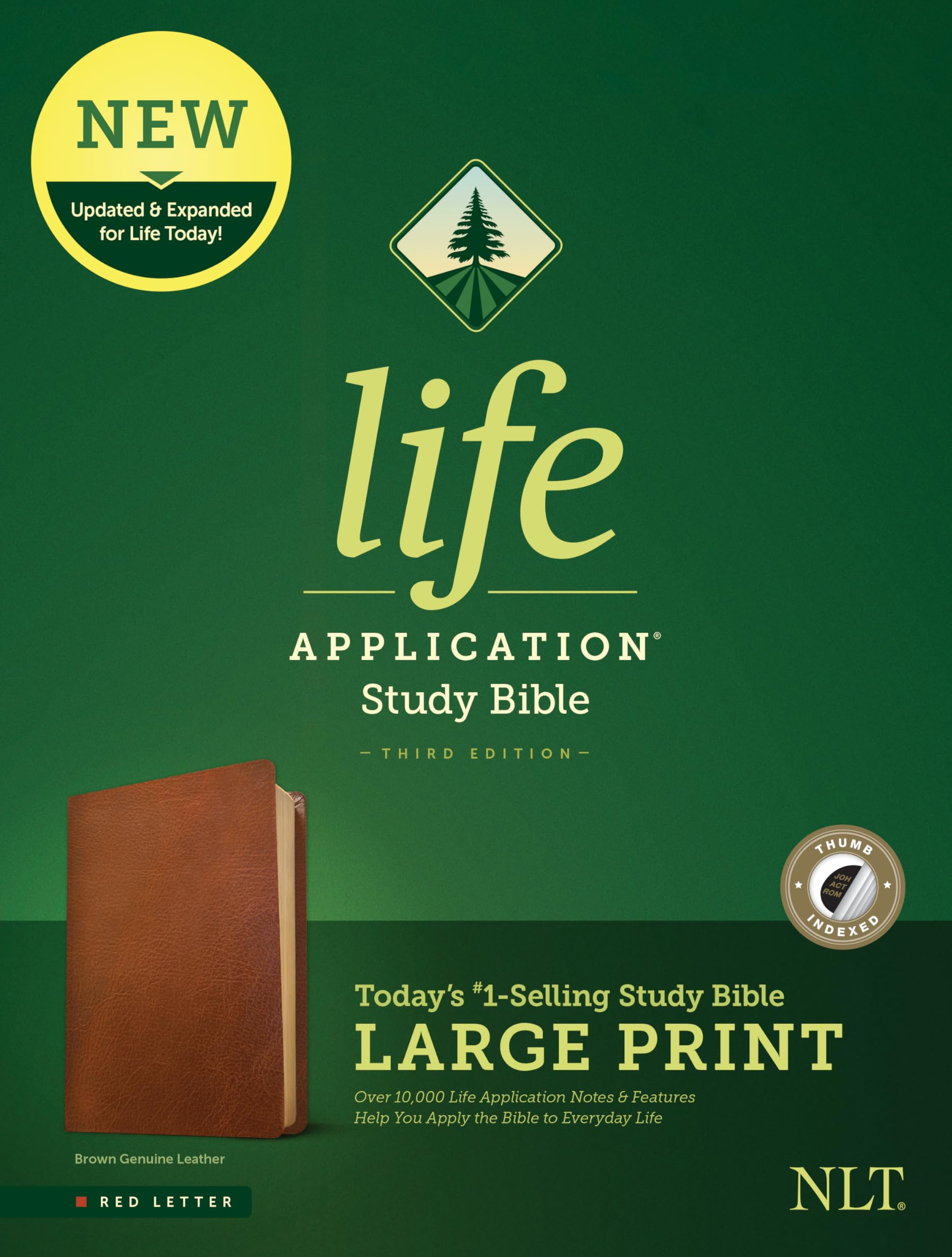 Tyndale NLT Life Application Study Bible, Third Edition - Genuine Leather Brown Large Print Indexed Red Letter Edition | New Living Translation Bible for Easy Reading | Perfect for Bible Study, Sermon Preparation & Personal Devotion