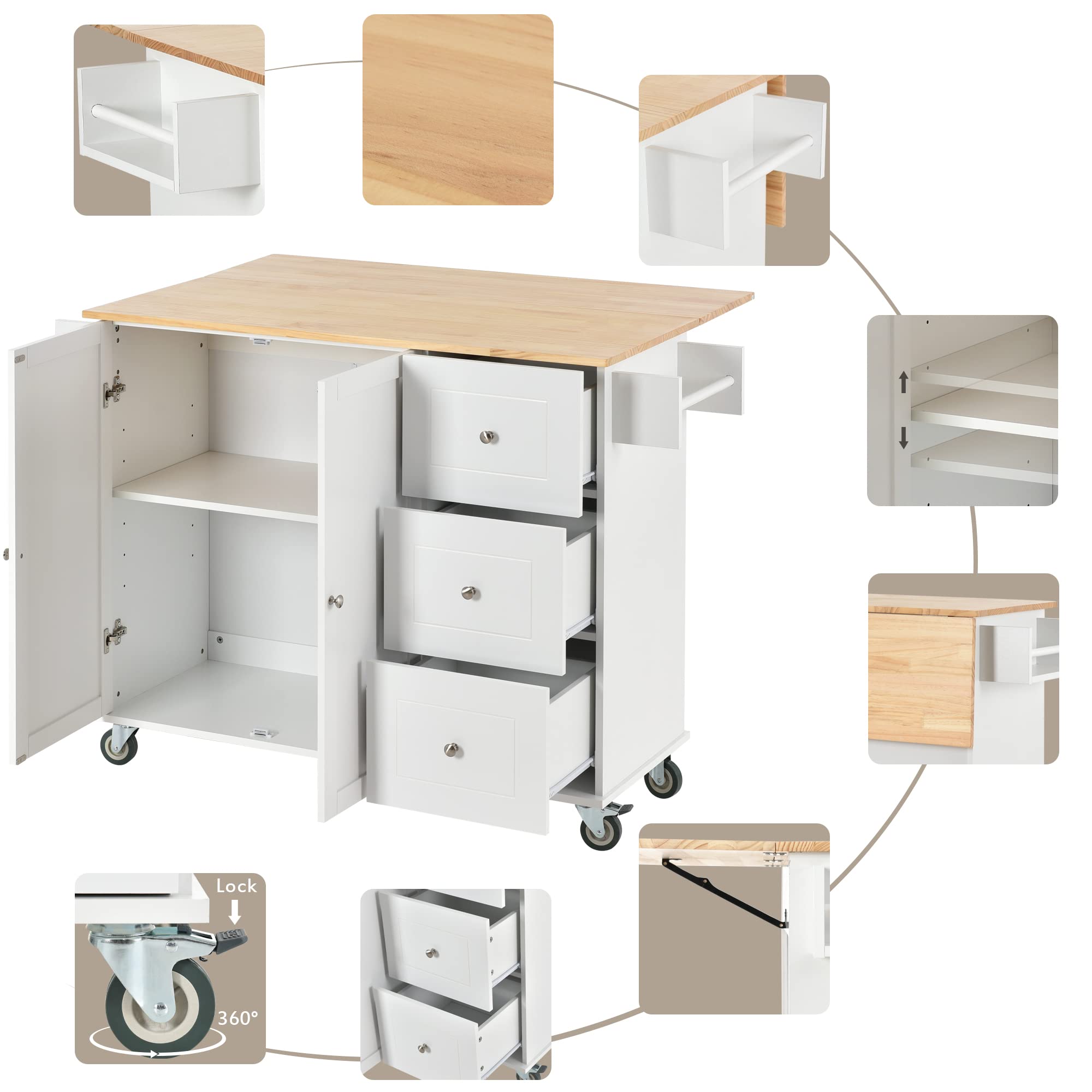 HABITRIO White Kitchen Island Cart with Extendable Solid Wood Table Top - Multi-Functional Counter Height Kitchen Cart with Storage Cabinet, Drawers, Spice Rack & Towel Rack - Perfect for Small Kitchen, Dining Room or Breakfast Nook