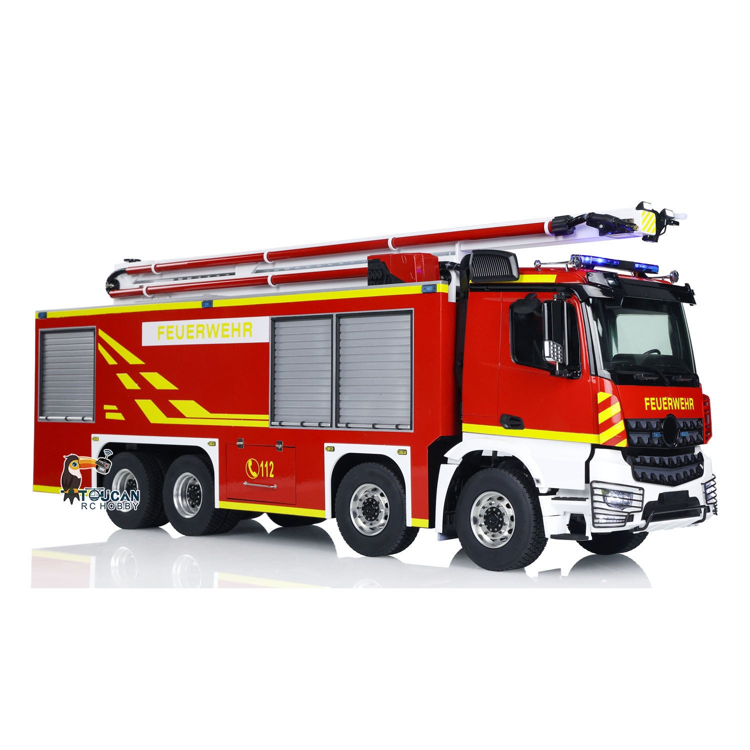 1/14 Scale 8x4 Metal Chassis RC Fire Truck with Extendable Turret & High Reach Snozzle - PNP Remote Control Hobby Model 3363 ST8 for Professional Firefighting Simulation and RC Vehicle Enthusiasts