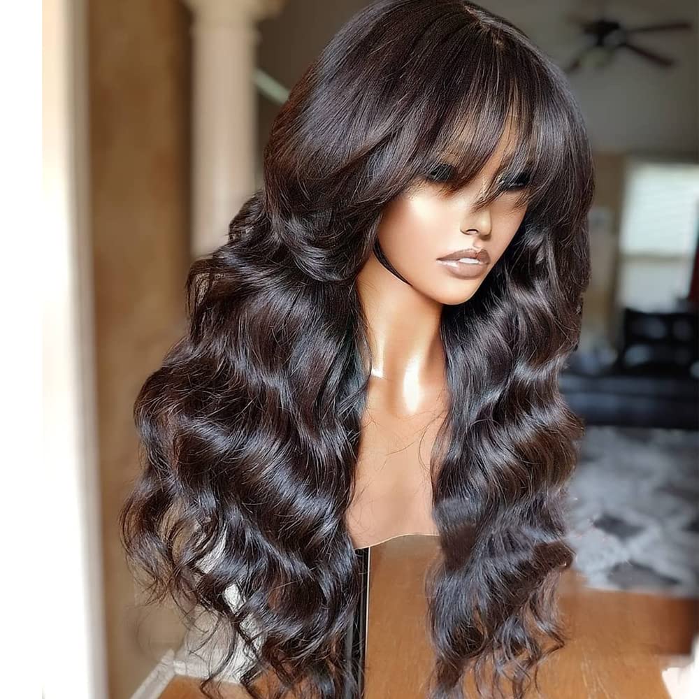 Brazilian Human Hair Wavy Wig with Bangs - 180% Density, 18 Inch, O Scalp Top, Machine Made for Black Women | Perfect for Daily Wear, Parties & Protective Styling