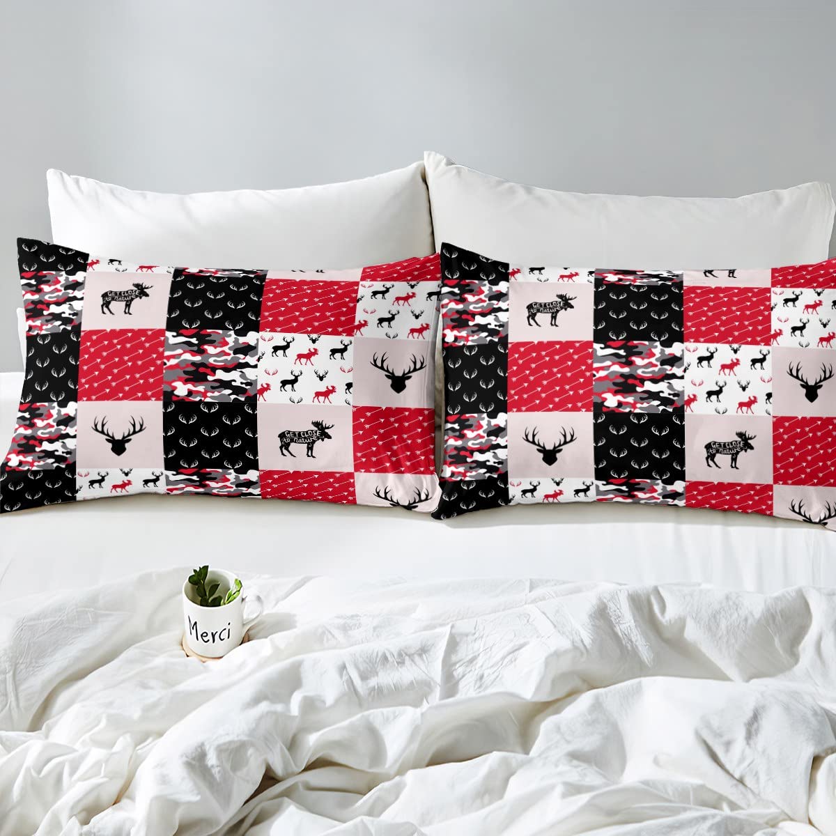 **Erosebridal Boys Camo Comforter Set - Deer Silhouette Bedding for Kids, Teens & Adults | Black White Red Camouflage Quilted Comforter with Antlers Grid Checkered Design & 2 Pillowcases | Cozy Bedroom Decor for Boys, Hunting & Outdoor Theme Rooms**