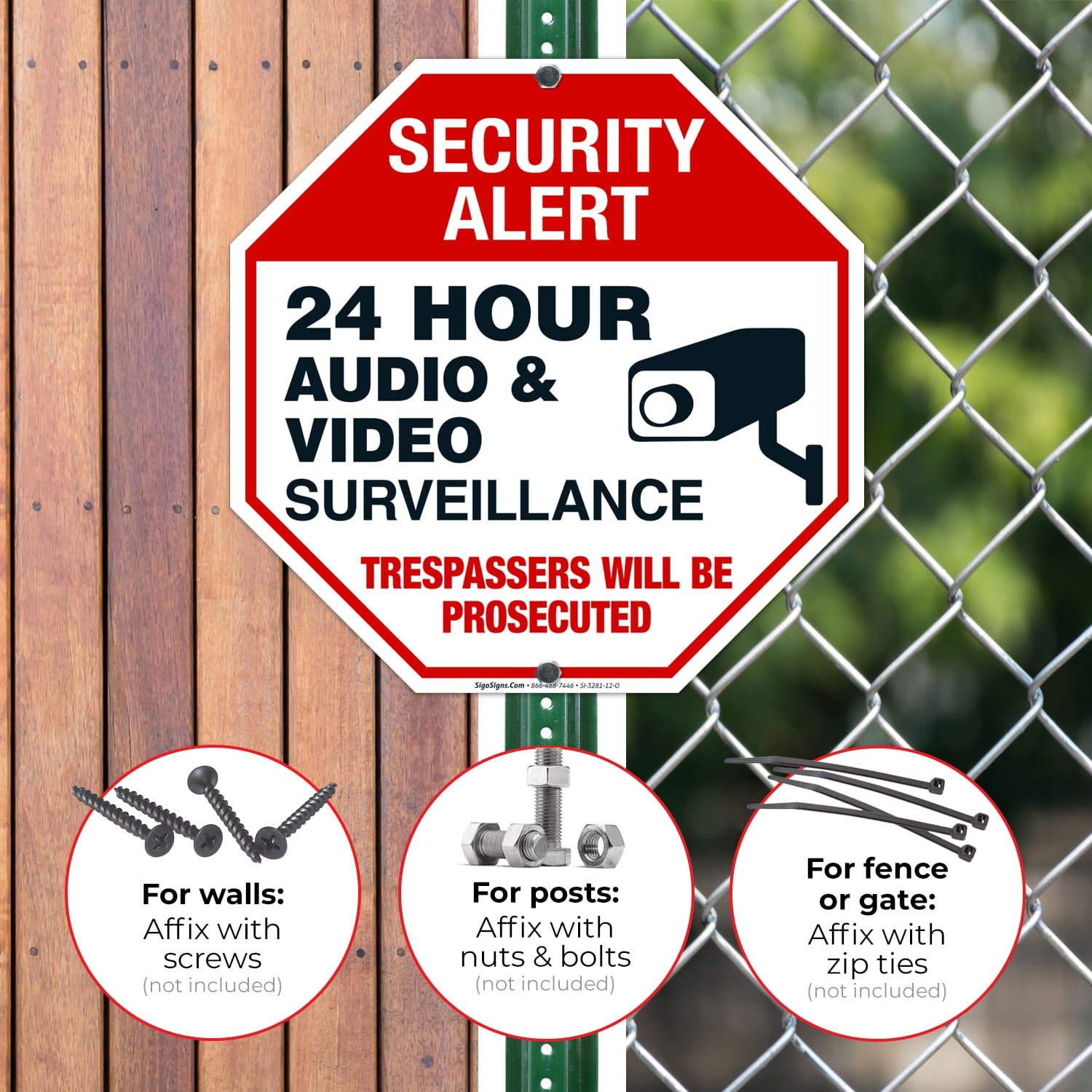 24 Hour Audio & Video Surveillance Sign - 12x12 Inch Rust-Free .040 Aluminum - Fade Resistant & Easy to Mount - Indoor/Outdoor Security Warning Sign - Made in USA - Ideal for Homes, Businesses & Construction Sites