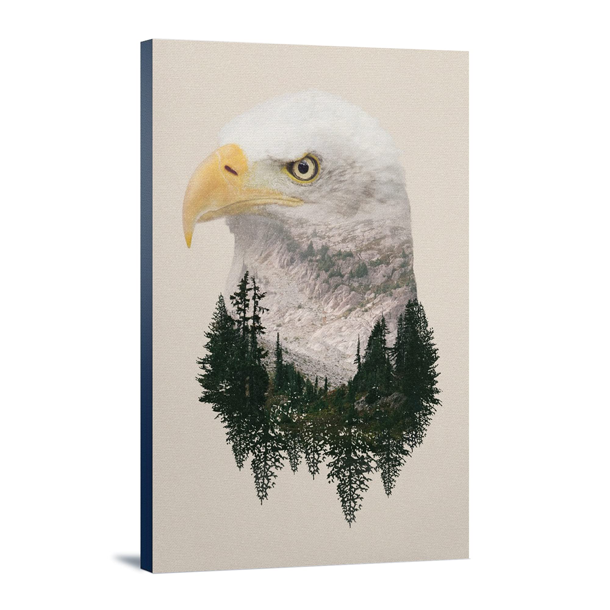 Lantern Press Eagle Double Exposure Wall Art - 16x24 Wrapped Canvas Print for Home & Office Decor | Nature Photography Wildlife Gift for Bird Lovers