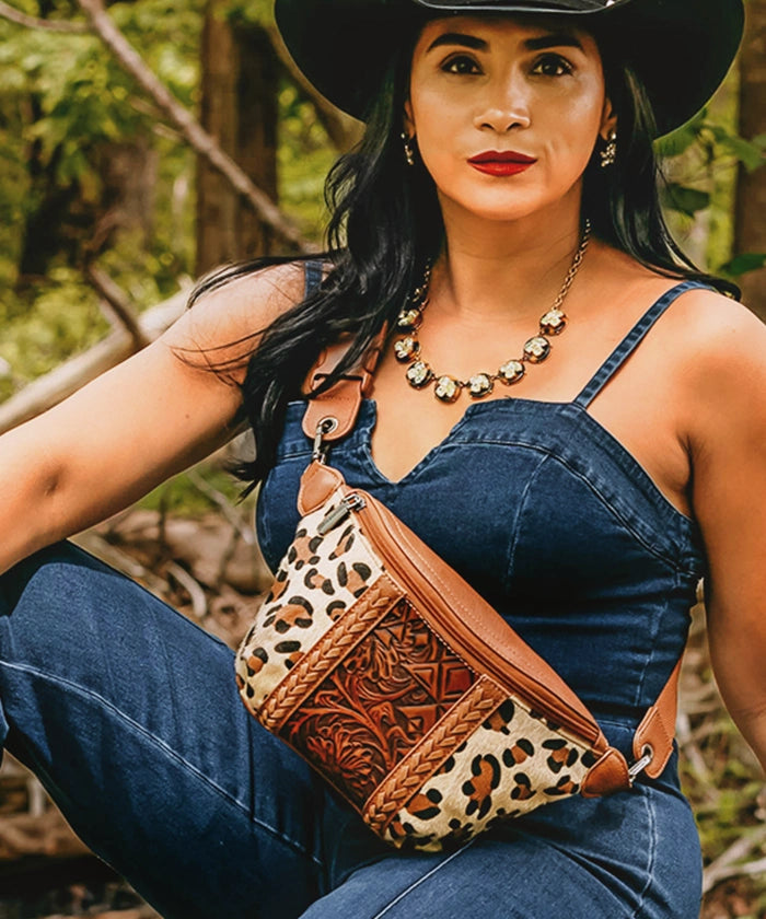 Montana West Floral Tooled Leather Fanny Pack for Women - Stylish Waist Bag with Adjustable Belt for Hiking, Travel & Outdoor Activities