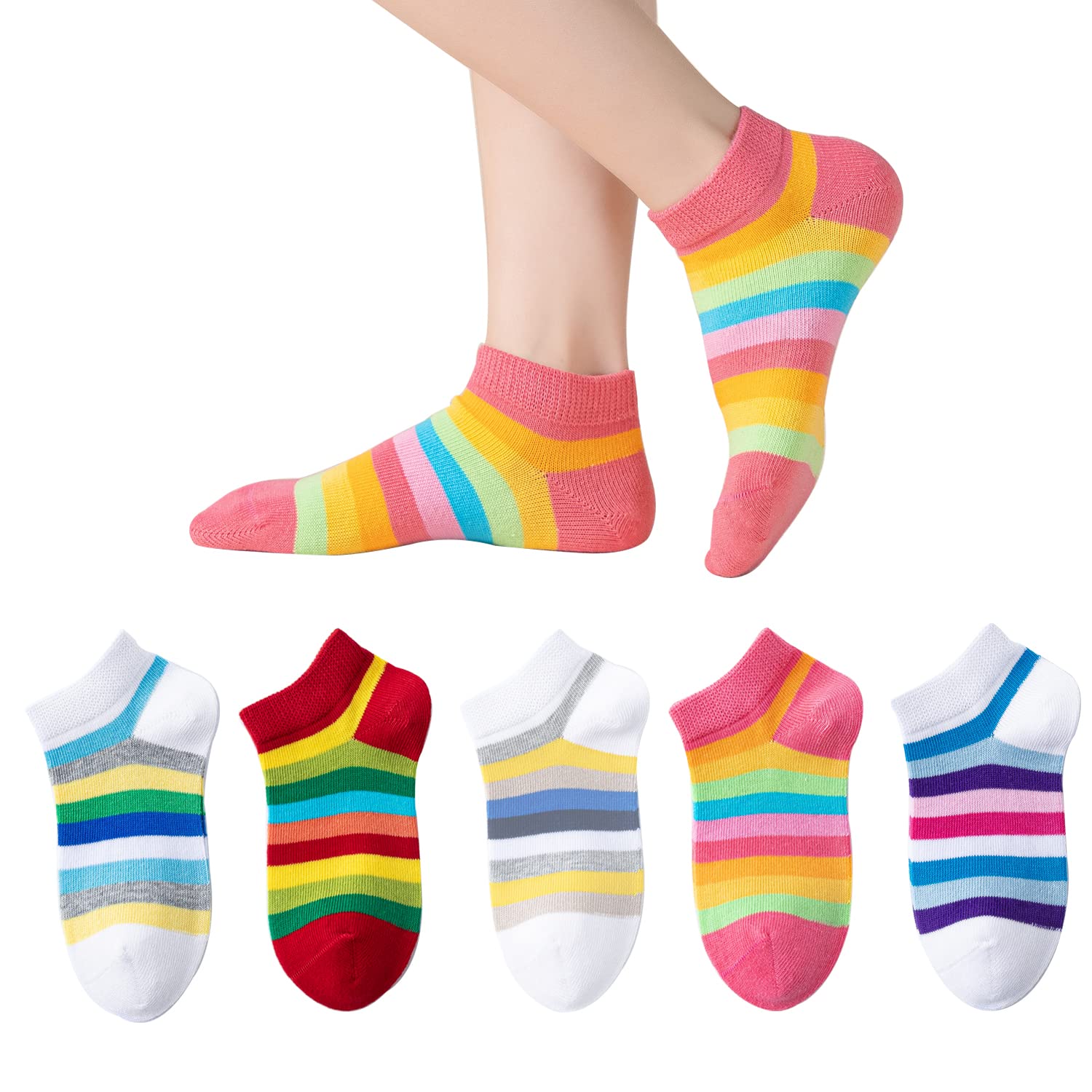 Marchare Girls Seamless Rainbow Stripes Cotton Socks - 5 Pack Kids Crew Socks for School, Play & Everyday Wear - Soft Comfortable Non-Slip Socks for Toddler Girls