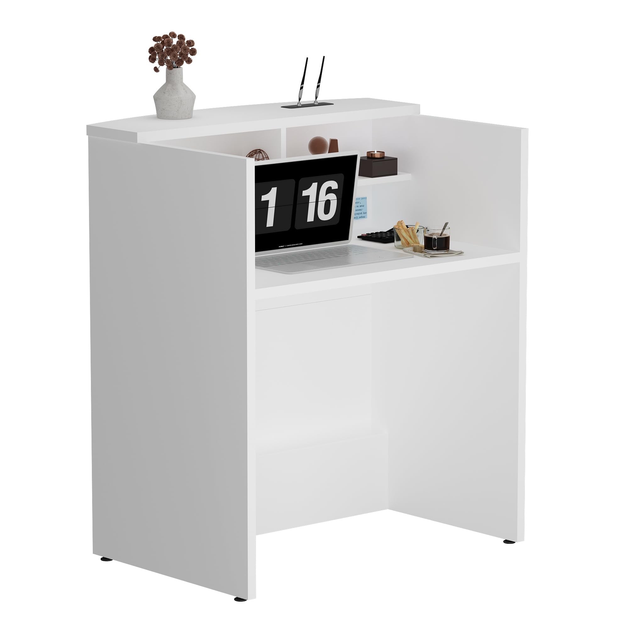 White Functional Reception Desk - Rectangle Writing Desk for Small Office Spaces & Coffee Shops | Modern Lobby Furniture for Hotels, Clinics & Home Offices