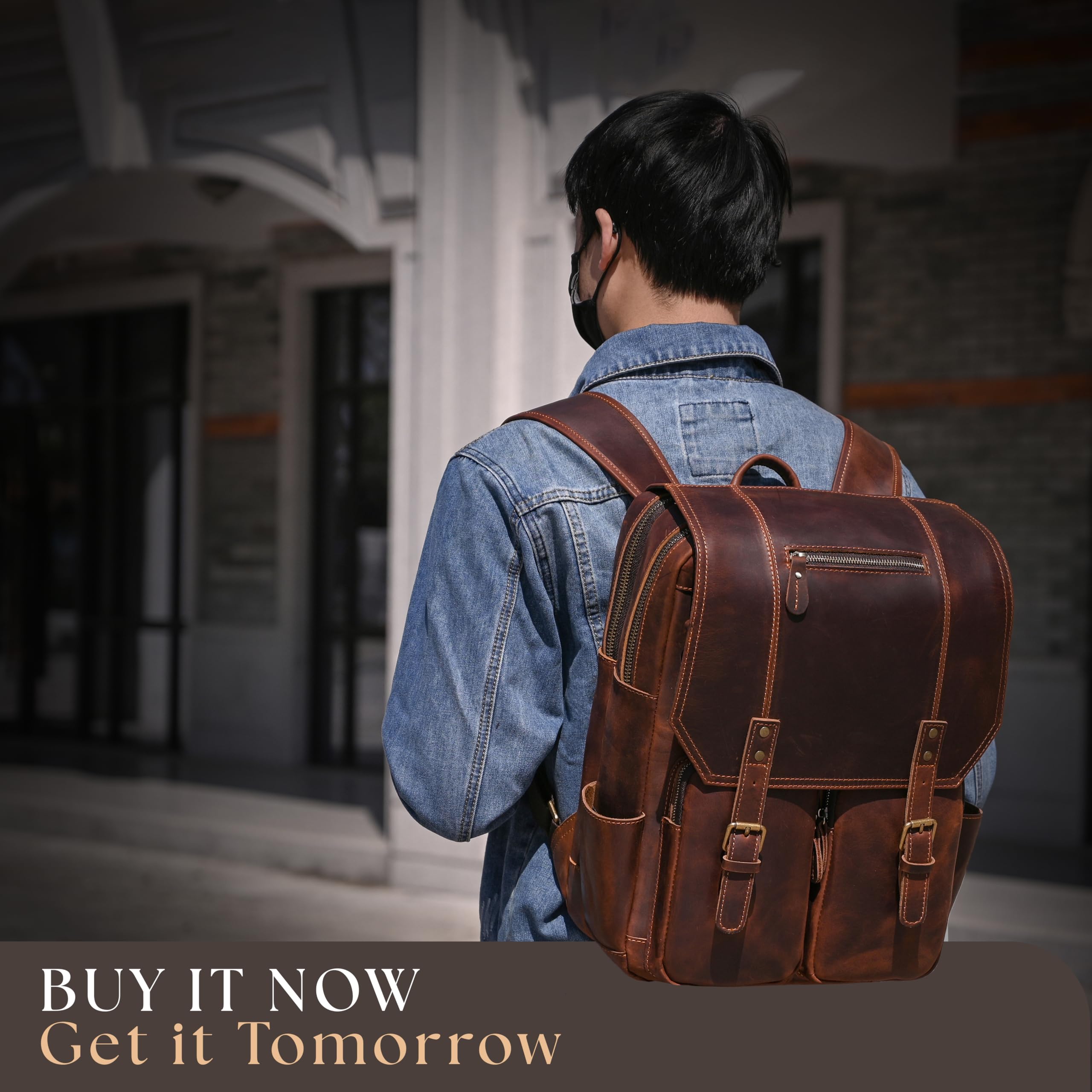 Premium Full Grain Leather Backpack for Men & Women - Large Capacity Travel & Work Backpack with 15.6