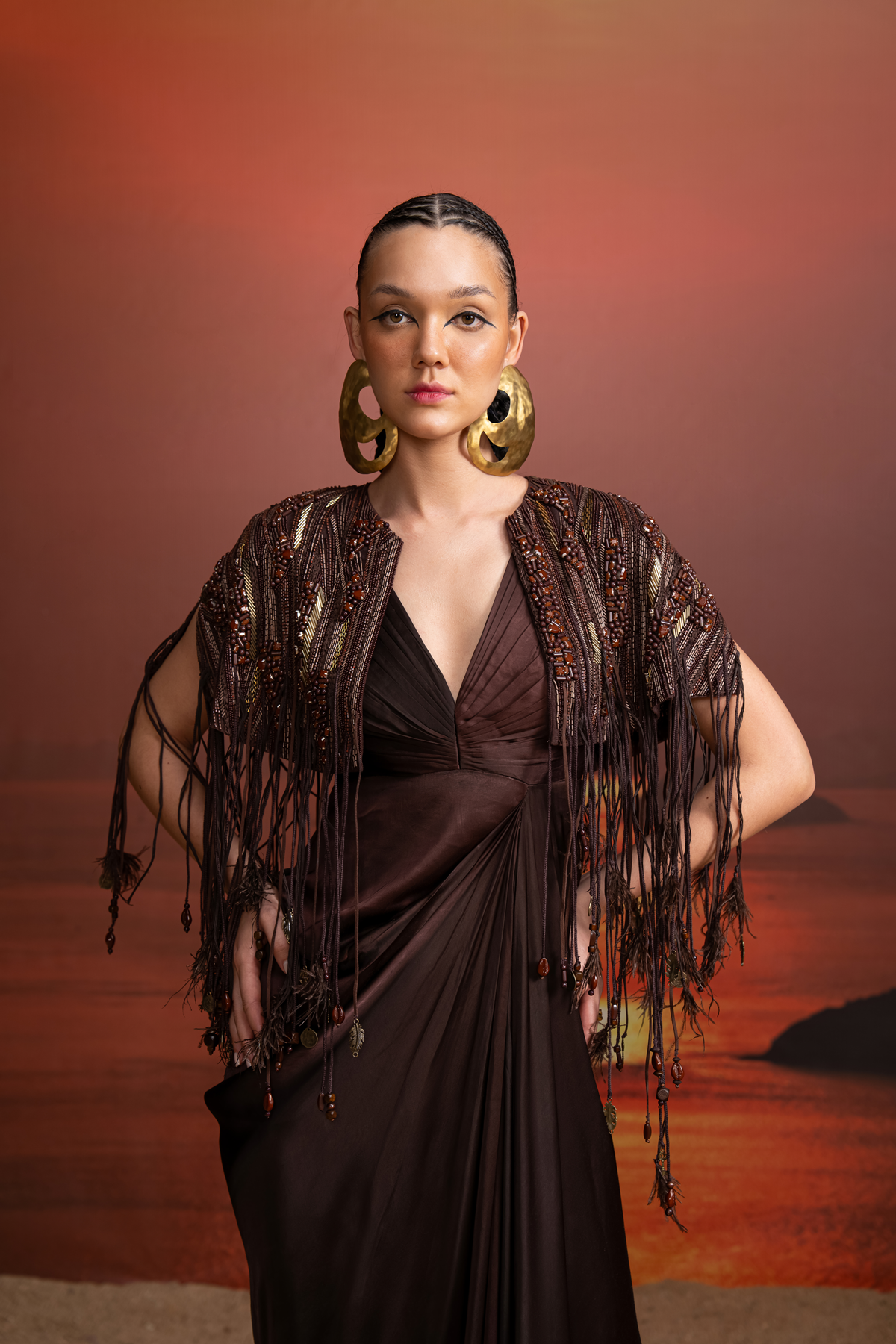 Elegant Brown Pleated Draped Dress with Cape - Perfect for Evening Parties, Weddings & Special Occasions