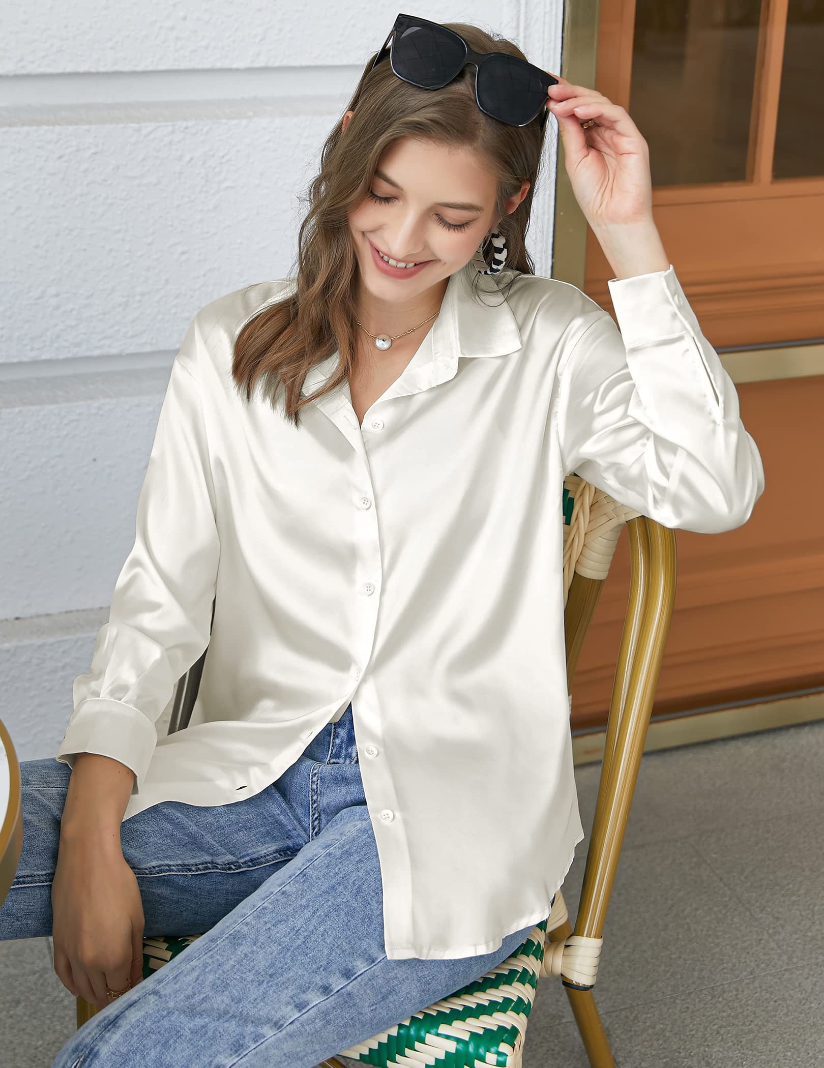 Chigant Women's Satin Silk Blouse - Button Down Long Sleeve Shirt for Office Work & Casual Wear - Elegant Loose Tunic Top for Business, Dating and Special Occasions