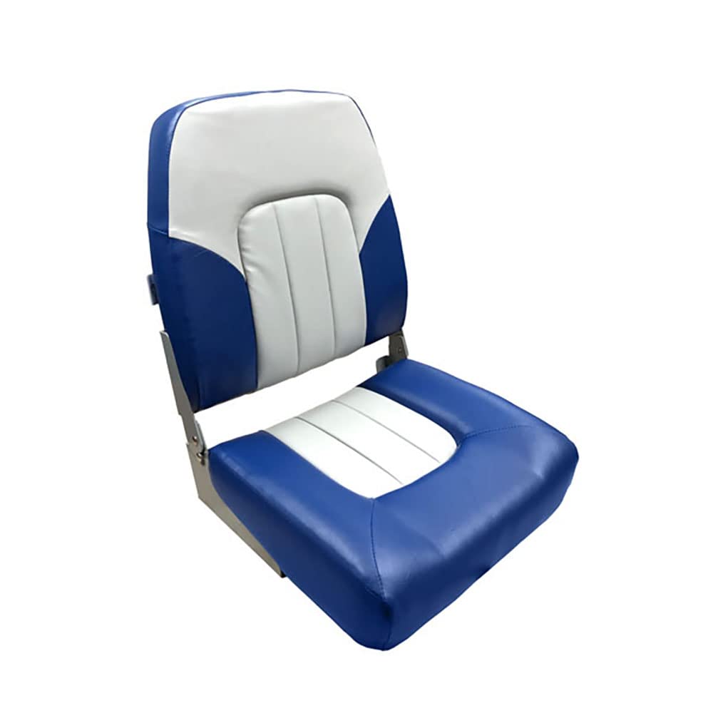 Premium High Back No Pinch Folding Boat Seat - Comfortable Gray & Blue Marine Chair for Fishing, Boating & Outdoor Activities