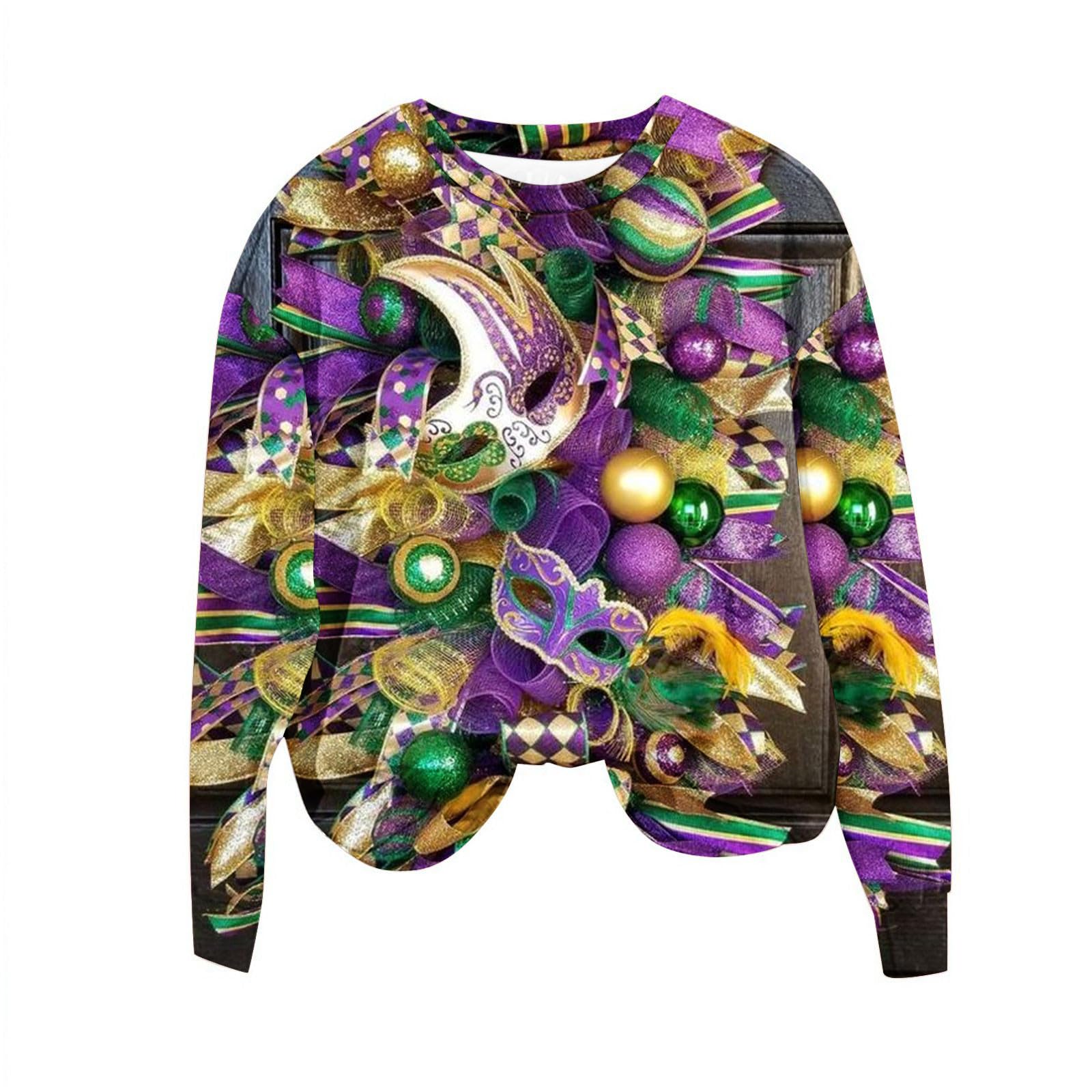 Funny Mardi Gras T-Shirts for Women - Carnival Graphic Print Long Sleeve Crewneck Blouse - Lightweight Comfortable Shirt - Perfect for Mardi Gras Parties, Carnival Events & Festive Celebrations
