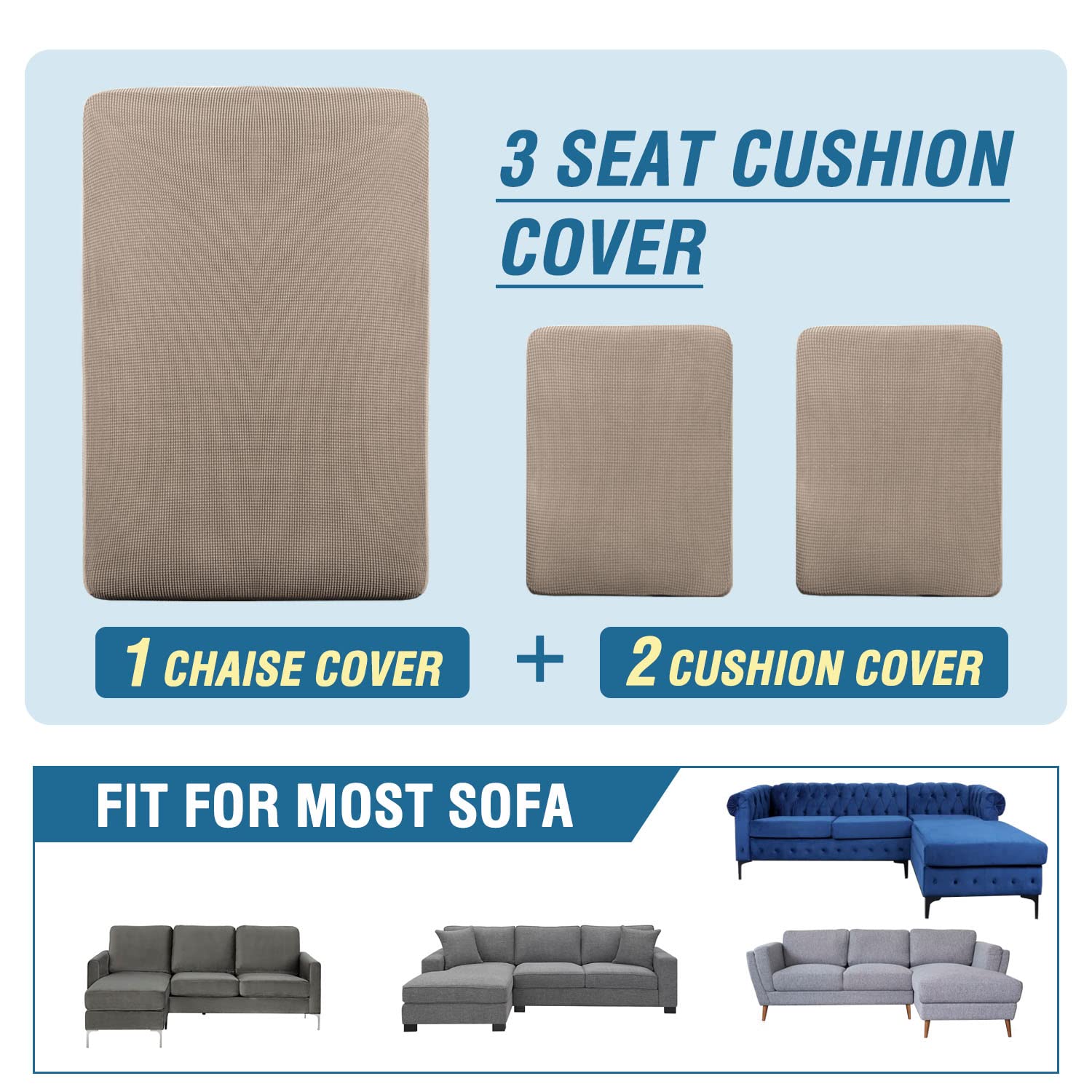 H.VERSAILTEX 3-Piece L-Shaped Sectional Sofa Covers - Reversible Left/Right Chaise & Seat Cushion Protectors (Sand Beige) for Living Room, Family Room & Home Theater Comfort