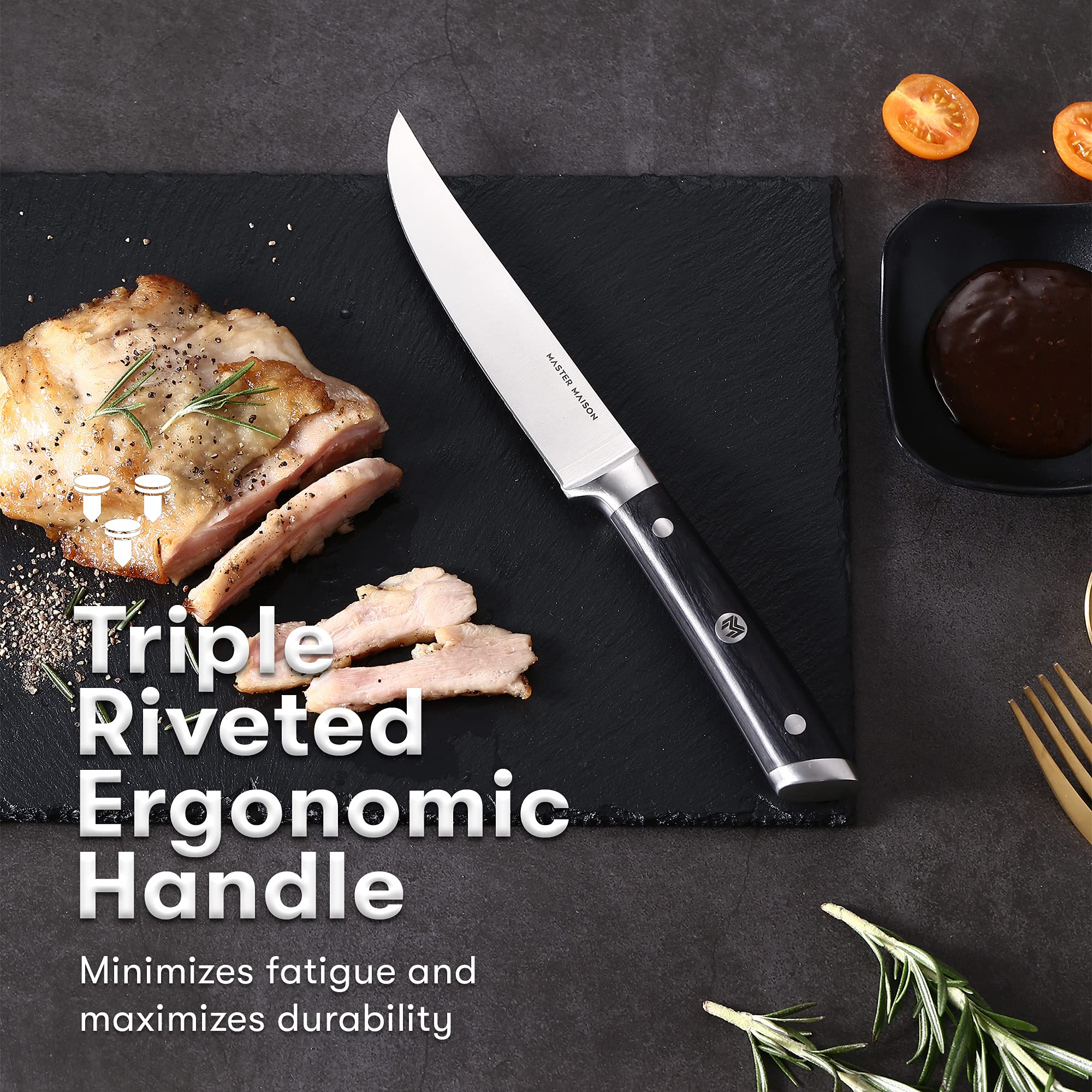 Master Maison 15-Piece Professional Kitchen Knife Set - Stainless Steel Knives with Wood Block, Sharpener & Blade Guards - Black Wood Handle, Full Tang & Ergonomic Design - Perfect for Home Chefs, Cooking Enthusiasts & Restaurant Use