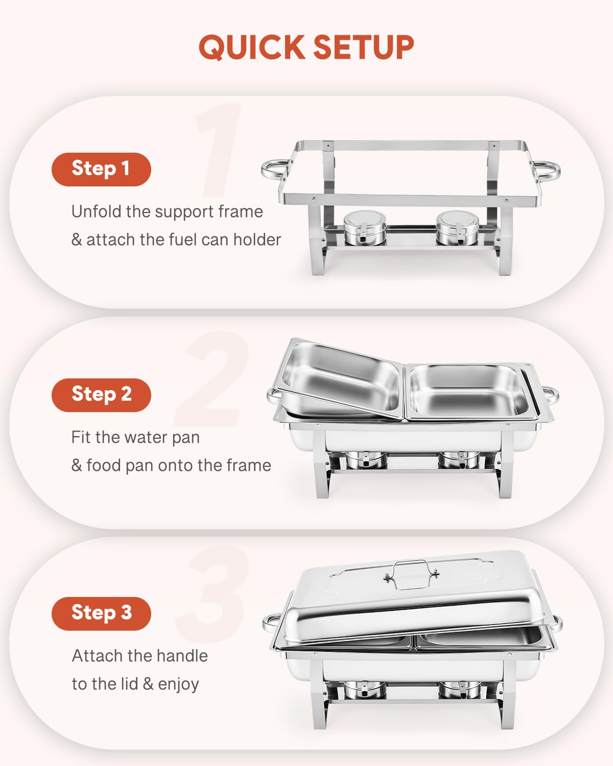 Stainless Steel Chafing Dish Buffet Set - 4 Pack 8 Qt Catering Warmers with 8 Half Size Food Pans, 4 Lids & Foldable Frames - Perfect for Parties, Buffets, Banquets, Weddings & Catering Events - Keep Food Warm for Hours