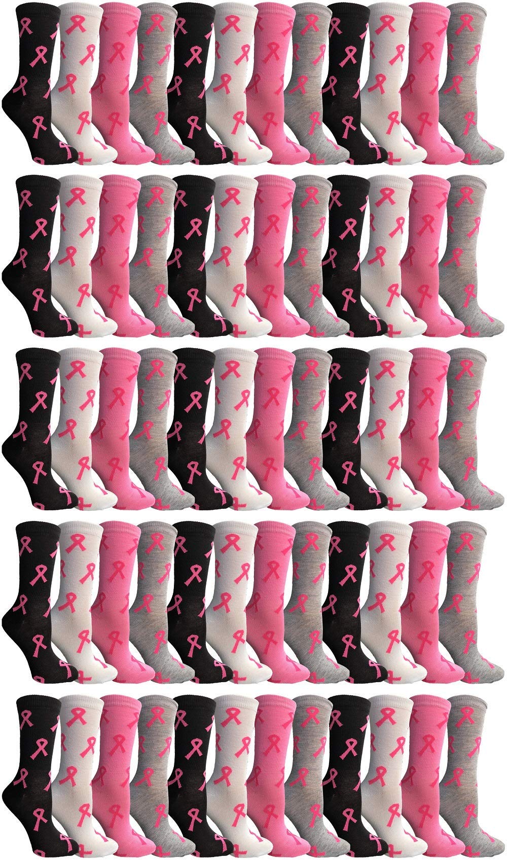 Pink Ribbon Breast Cancer Socks for Women - 60 Pairs Crew/Ankle Socks - Support Awareness