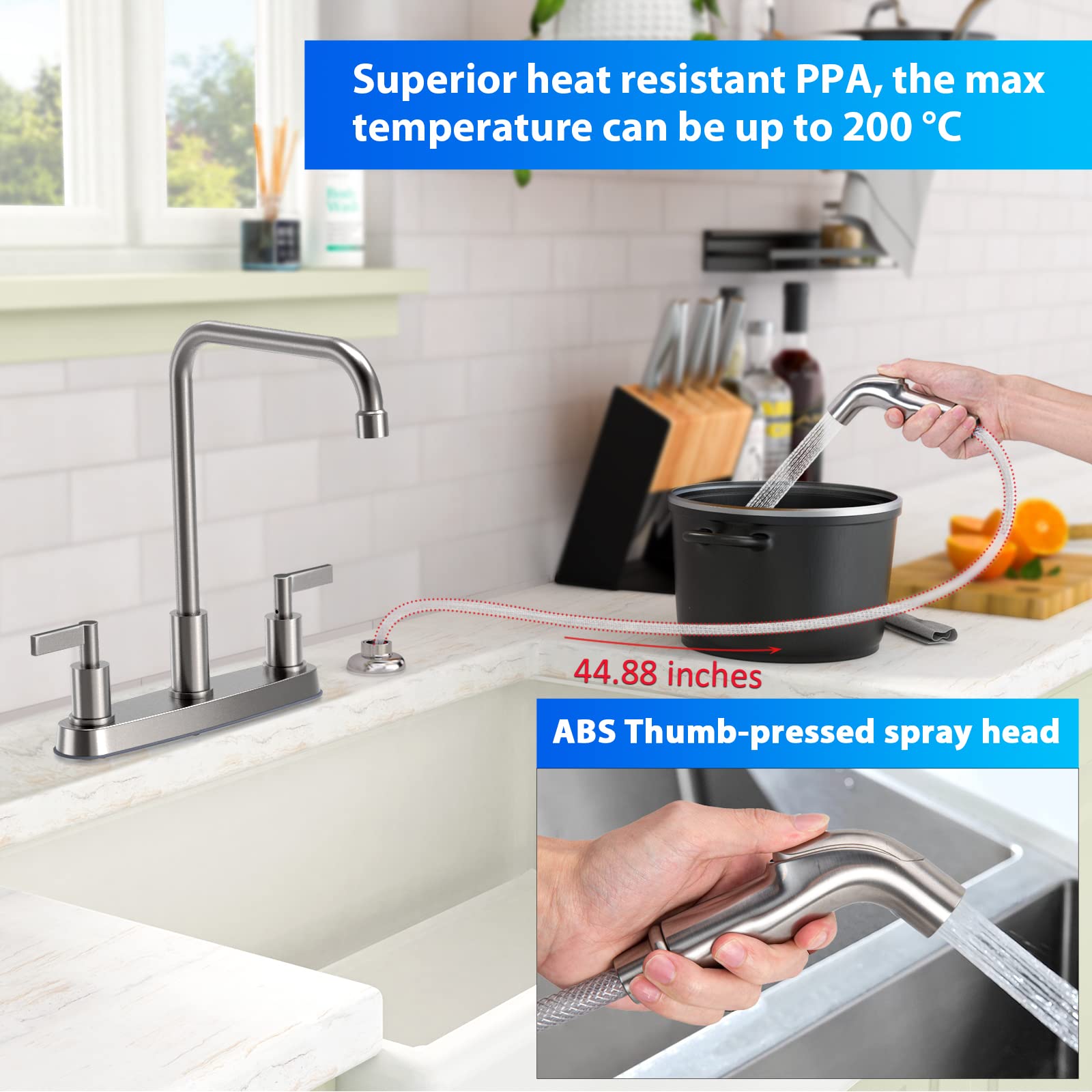 Brushed Nickel Kitchen Faucet with Pull Down Sprayer - 2 Handle Stainless Steel Sink Faucet for 3 or 4 Hole Installation - Perfect for Modern Kitchens, Dishwashing & Food Prep
