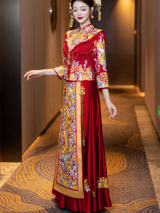 2025 Embroidered Phoenix Dragon Wedding Dress - Traditional Chinese Qun Gua Xiuhe Bridal Gown for Asian Ceremonies | Perfect for Weddings, Tea Ceremonies & Cultural Celebrations