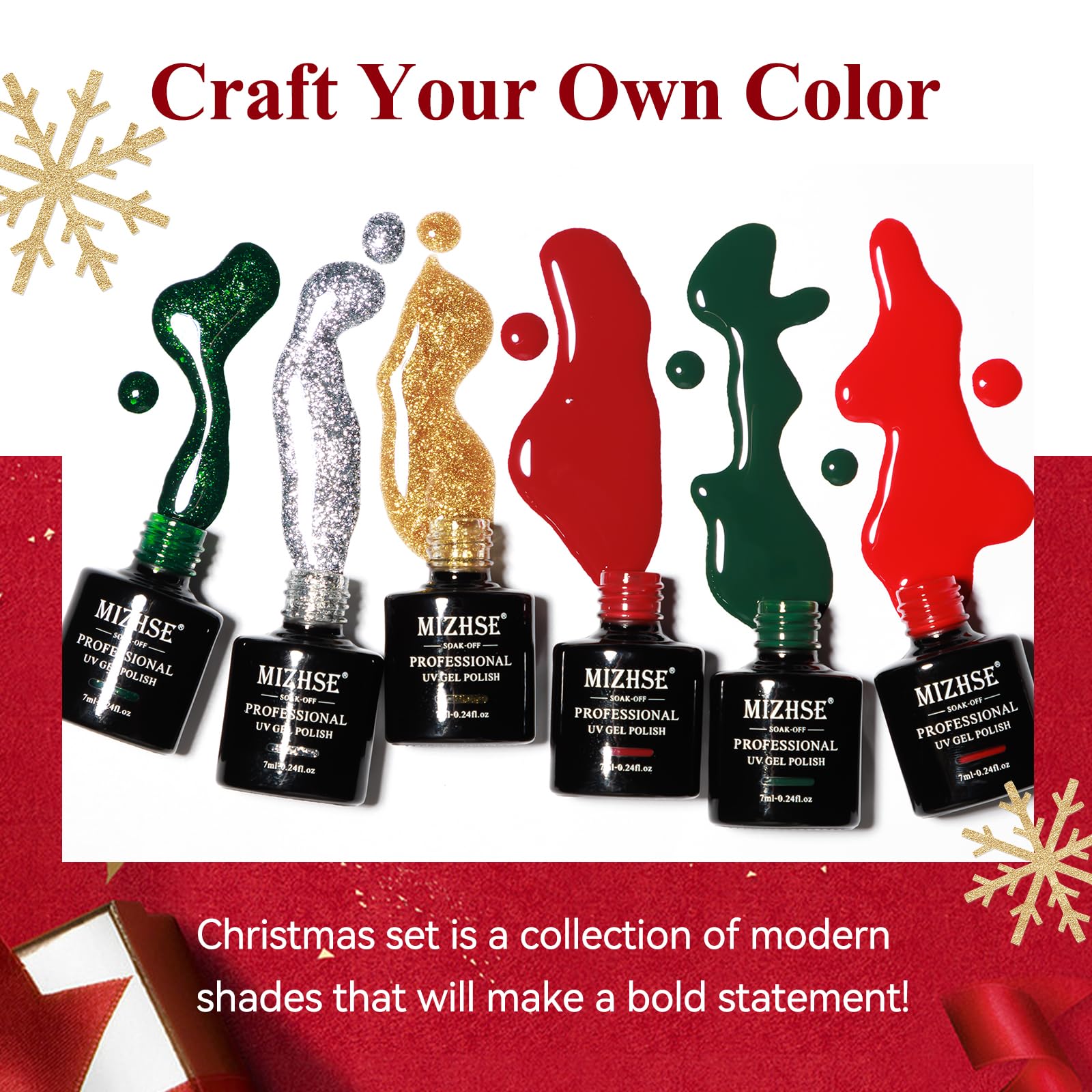 MIZHSE 6 Colors Gel Nail Polish Set - Sparkle Green Glitter, Gold, Silver, Dark Green & Red Soak Off Nail Art Kit | Home Manicure & Party Nails | Perfect Christmas & New Year Gifts for Women