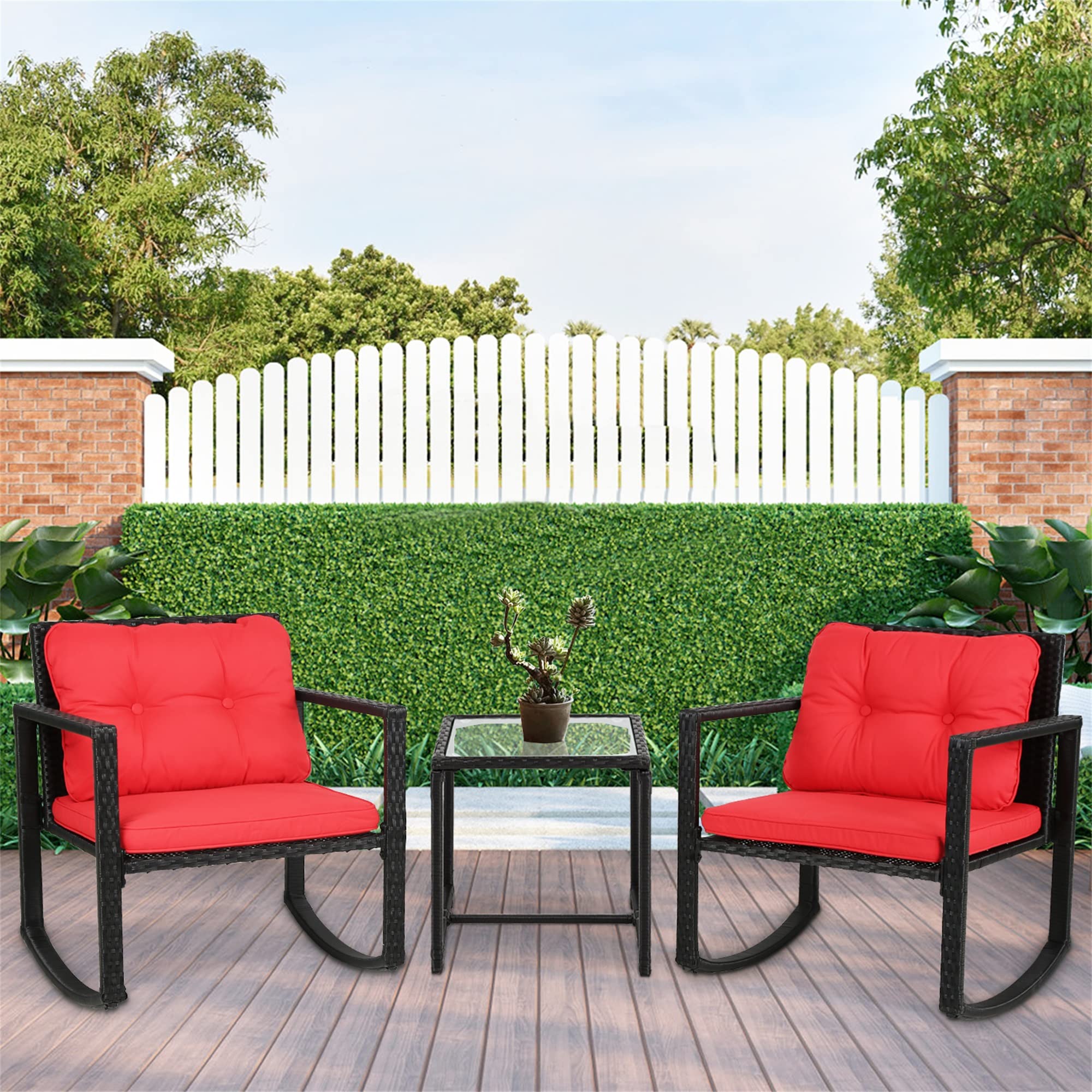 3-Piece Outdoor Patio Rocking Bistro Set - Modern PE Wicker Rattan Rocking Chairs with Glass Coffee Table - Red Conversation Set for Backyard, Porch, Poolside & Garden Relaxation | Perfect for Lounging, Entertaining & Outdoor Dining