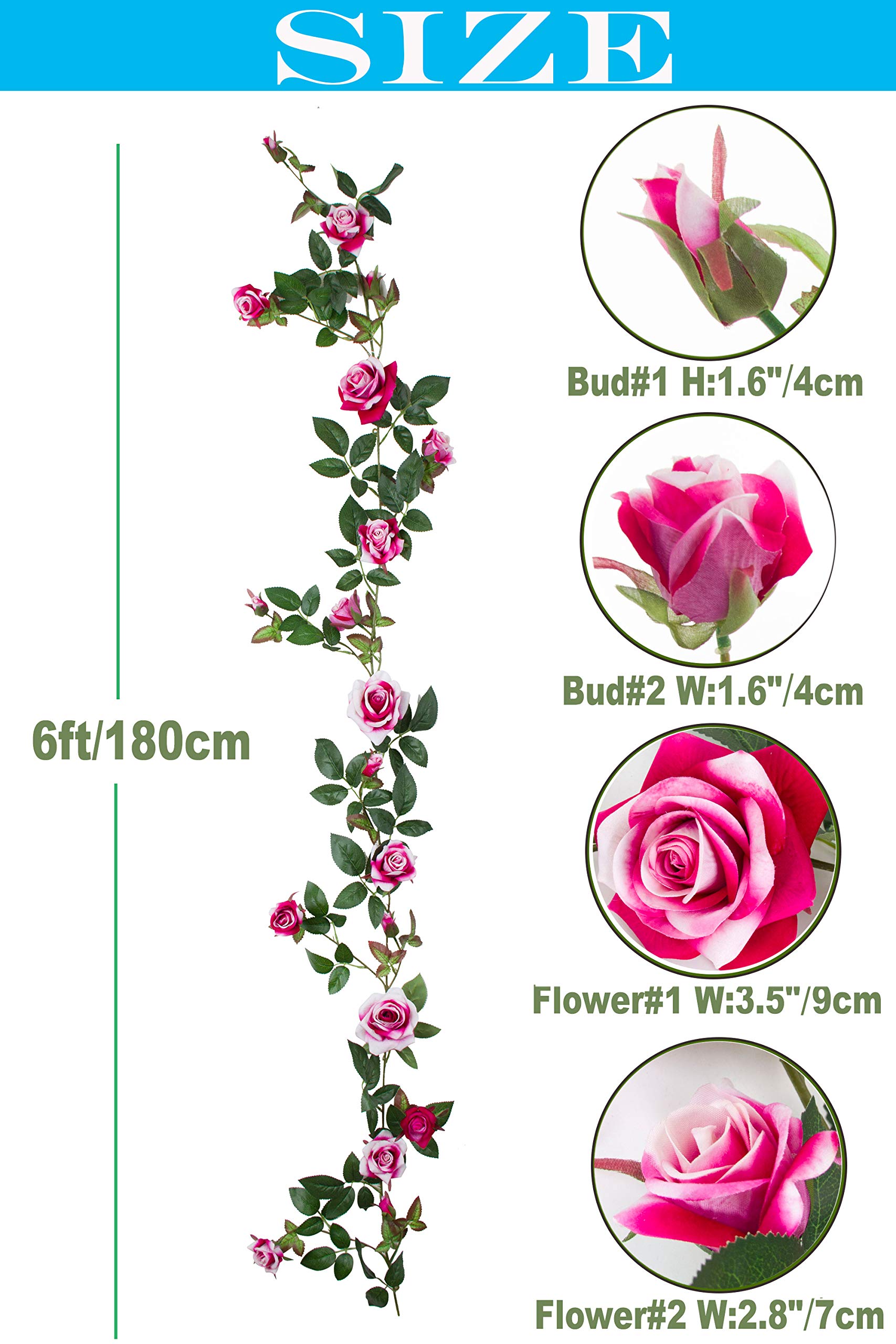 10pcs 6 Feet Artificial Rose Vine Garland - Velvety Silk Fuchsia Flowers for Wedding Arch, Backdrop, Home Decor, Wreath, Party & Garden Decoration