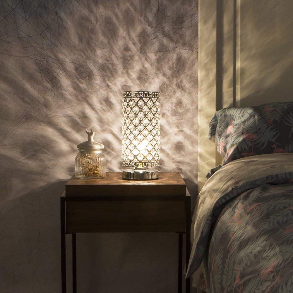 Modern Crystal Cylindrical Table Lamp - E27 Bedside Desk Light with Power Switch, Silver Finish | Perfect for Bedroom, Living Room & Office Decor Lighting