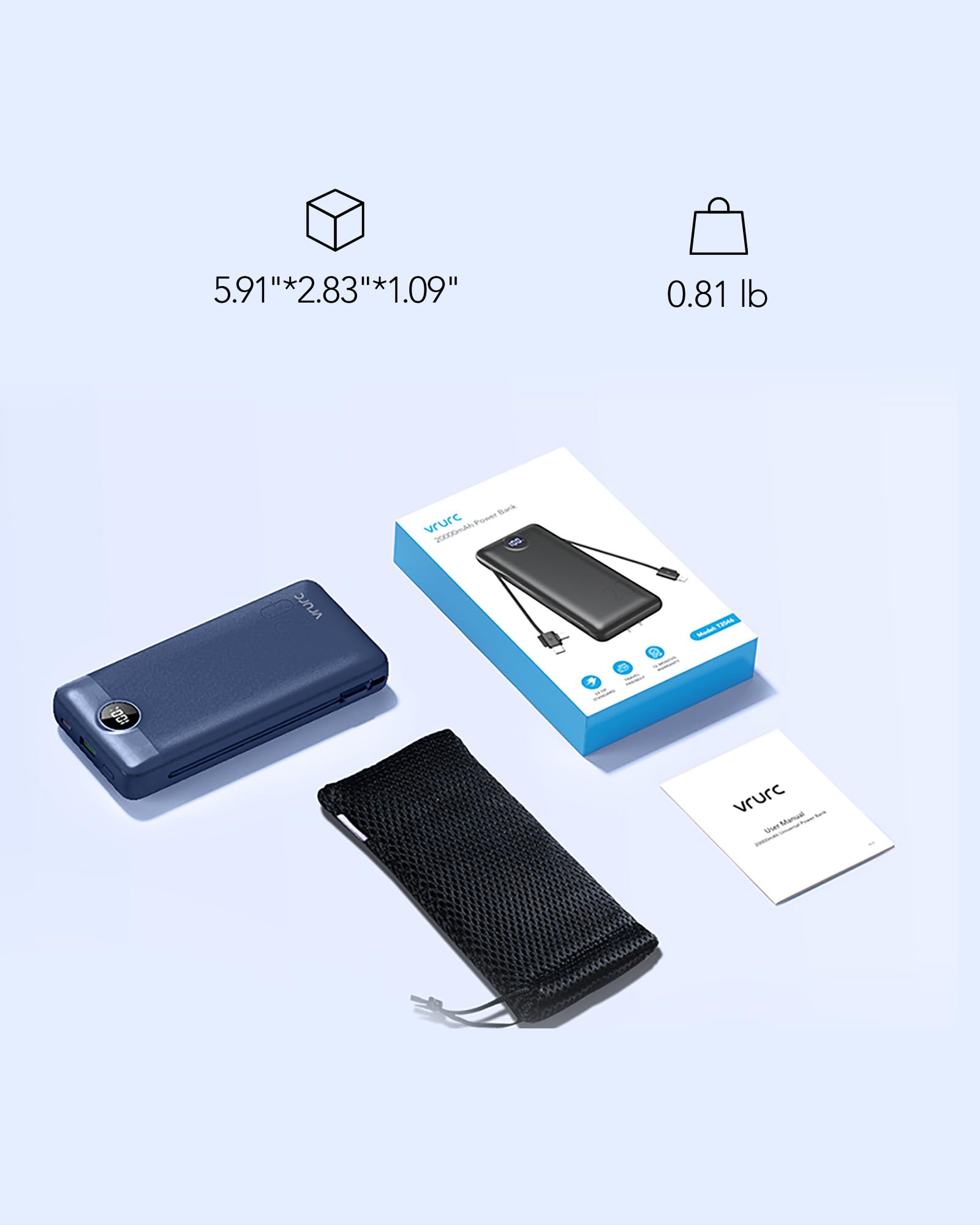 VRURC 20000mAh Portable Charger with USB-C Fast Charging, 4 Outputs & 2 Inputs Power Bank with LED Display - Built-in Wall Plug & Cables for iPhone Android Smartphones - Perfect for Travel, Camping, and Emergency Power Backup