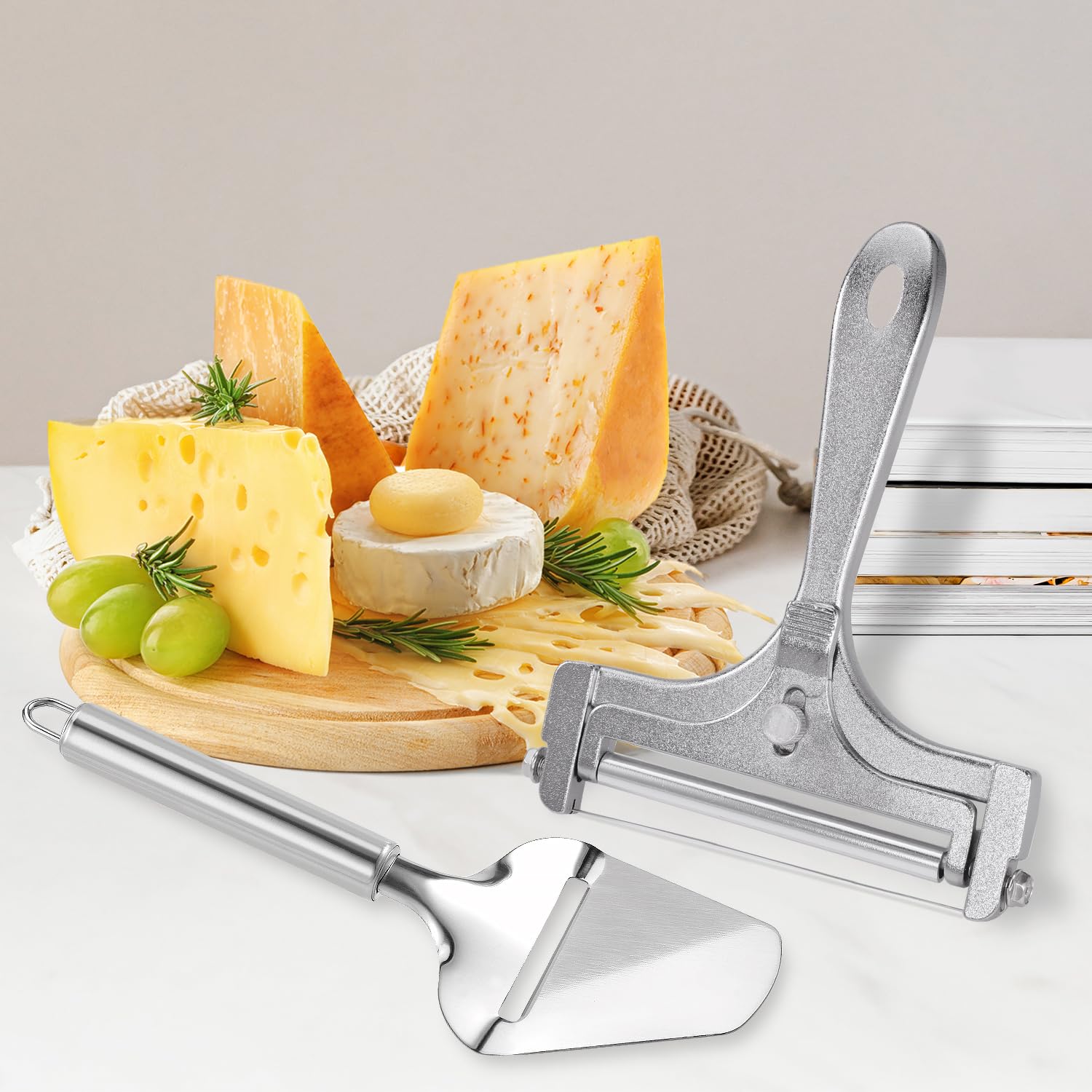 Premium Stainless Steel Wire Cheese Slicer with Cheese Shovel - Professional Cheese Cutting Board & Butter Slicer Kit for Hard Cheeses - Perfect for Charcuterie Boards, Cheese Platters & Gourmet Cooking