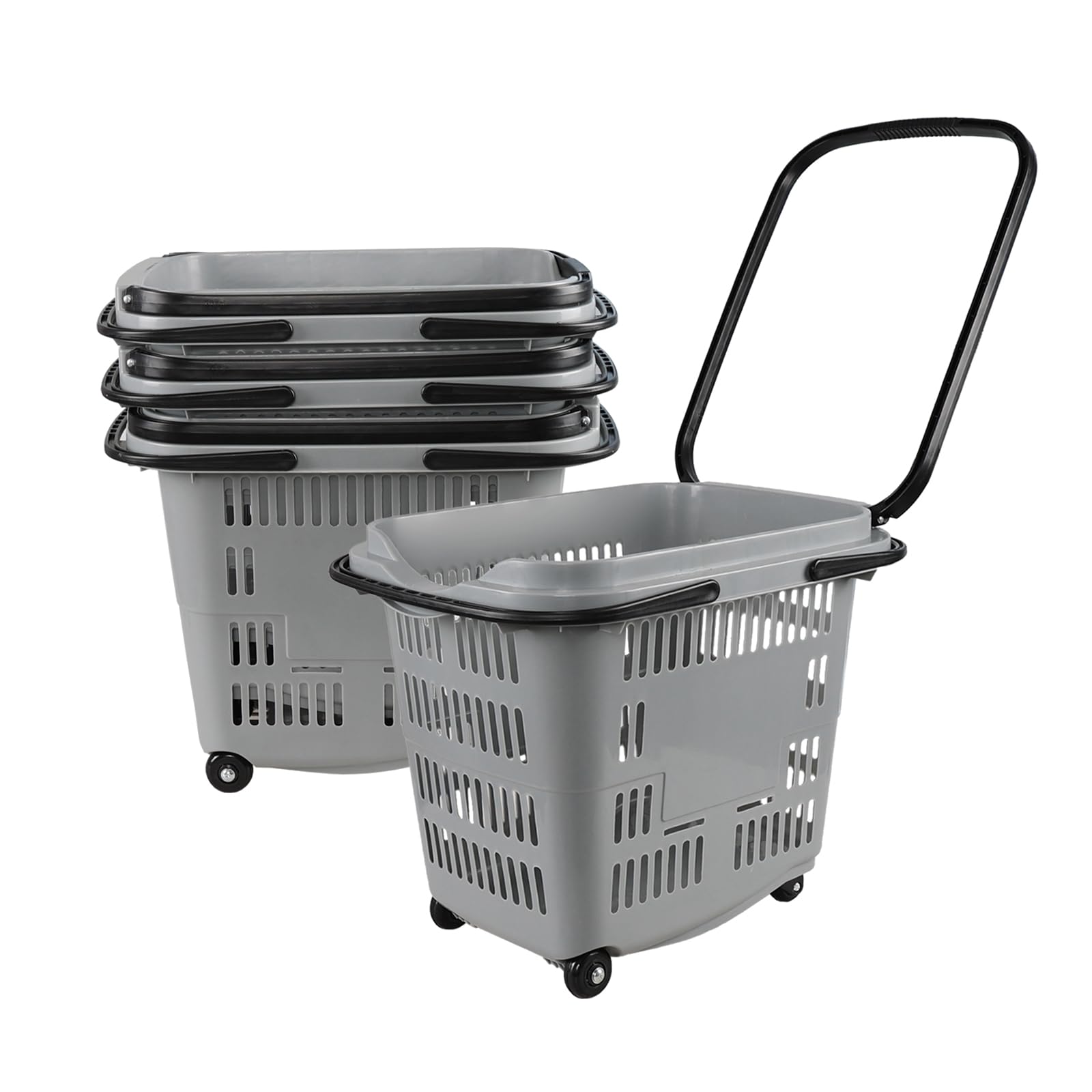 4-Pack Large Wheeled Shopping Basket with Carry Handle - 50L Plastic Grocery Cart for Supermarket, Warehouse & Home Use - Durable Gray Utility Basket for Shopping, Storage & Organization
