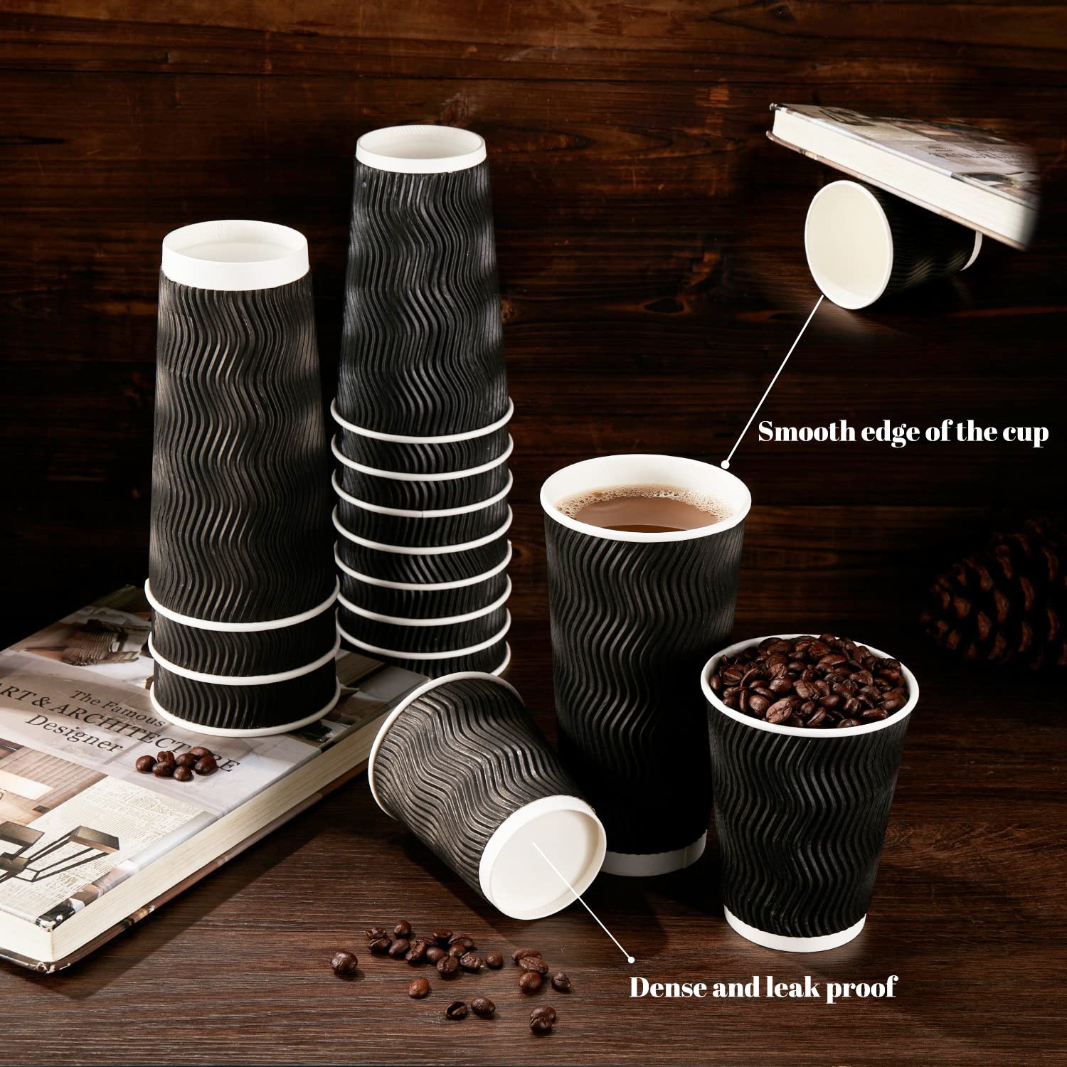 Lamosi 12 oz Disposable Coffee Cups - 120 Pack, Insulated Corrugated Paper Cups for Hot & Cold Drinks, Eco-Friendly Kraft Ripple Wall Cups for Office, Home, Party, Travel, Cafe - Perfect for Morning Coffee, Iced Tea, Office Meetings & Outdoor Events (Black)