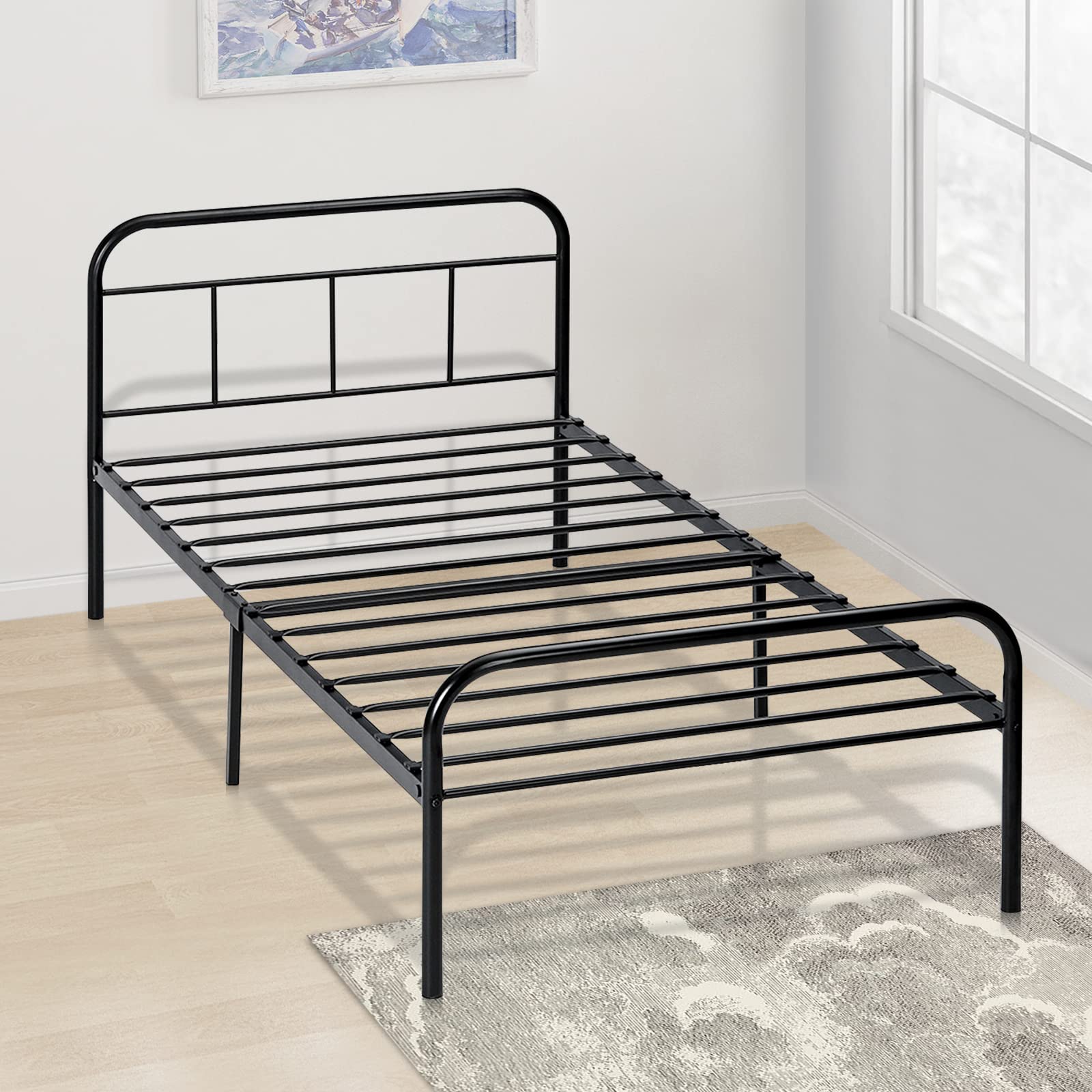 13 Inch Twin Bed Frame with Headboard & Footboard - Heavy Duty Wrought Iron Metal Platform Bed for Kids, No Box Spring Needed, Sturdy Steel Slats & Storage Space - Perfect for Kids' Bedrooms, Guest Rooms & Small Spaces