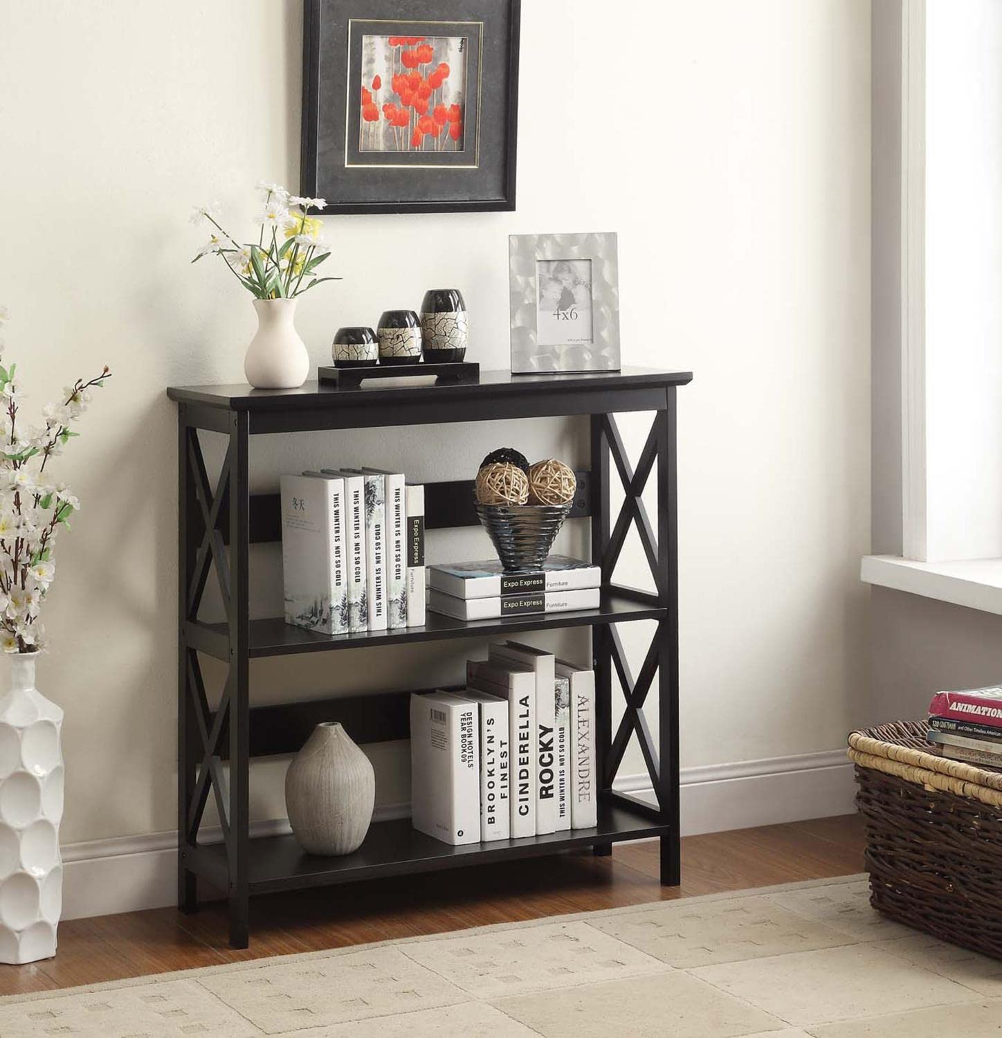 Oxford 3-Tier Bookcase by Convenience Concepts - Black Wooden Storage Shelf for Living Room, Bedroom & Office Organization