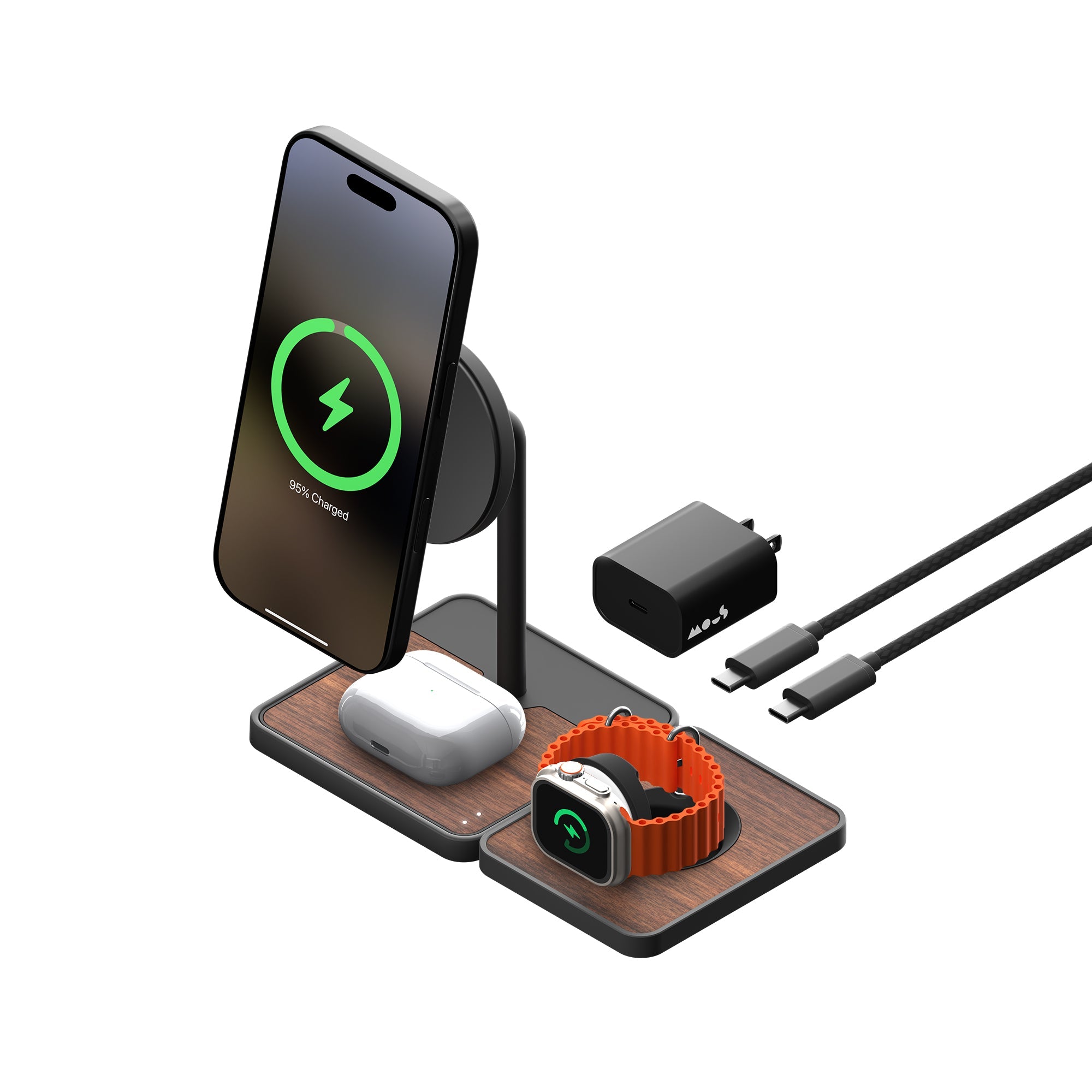 3-in-1 Wireless Charging Stand for iPhone, AirPods & Apple Watch - Fast Qi2 Charger with Walnut Wood Base | Perfect for Home, Office & Nightstand Charging Station