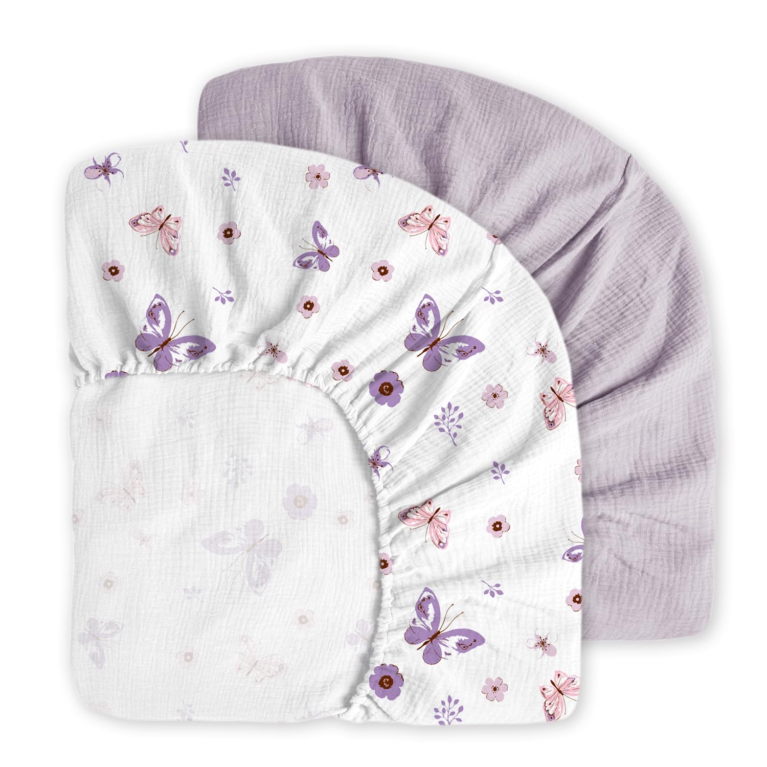 Little Grape Land 2-Pack Muslin Crib Sheets - 100% Cotton Soft Breathable Fitted Crib Sheets for Boys & Girls (52x28 Inches) - Neutral Baby Bed Sheets with Purple Butterfly Design - Perfect for Nursery, Daycare & Travel