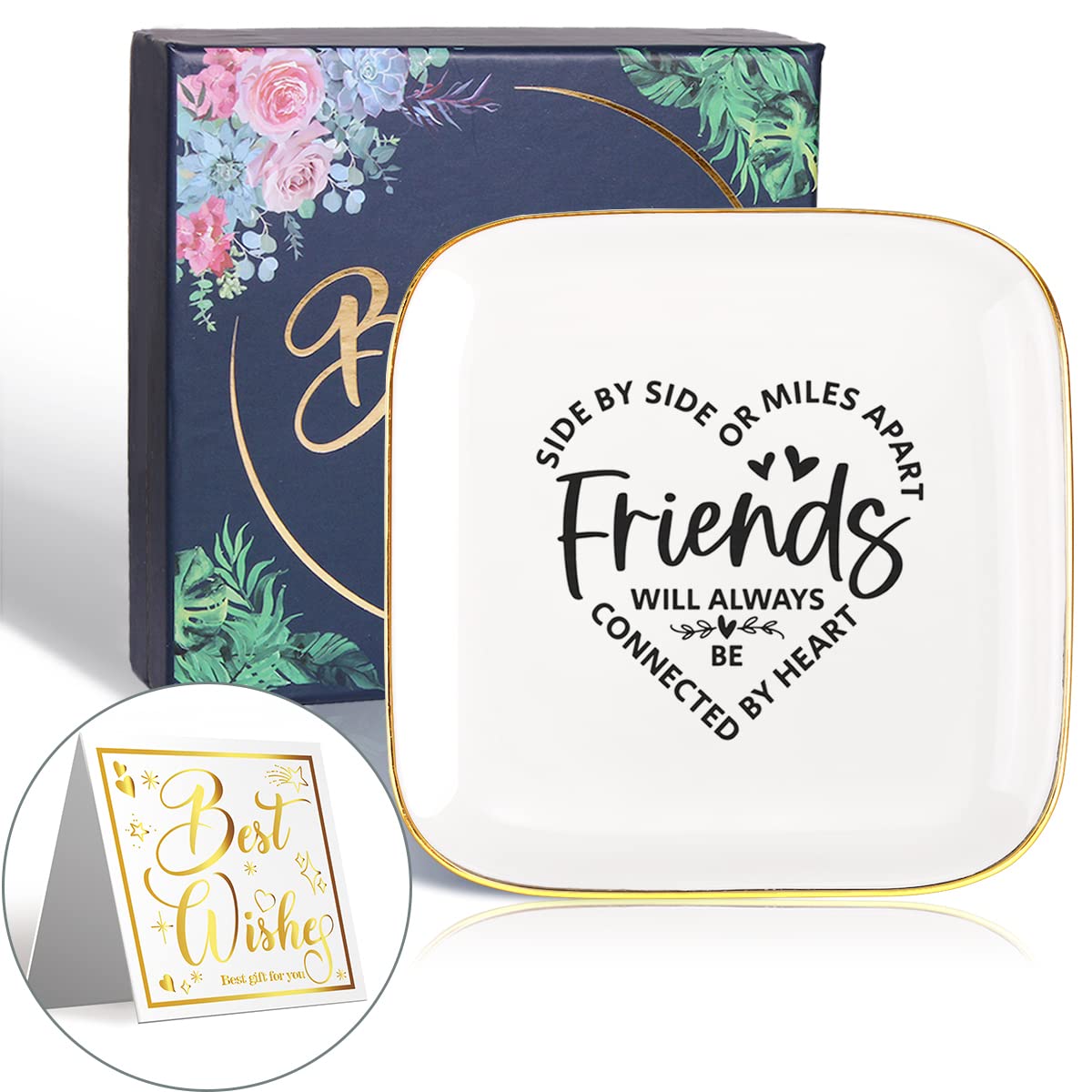 Ceramic Ring Dish for Jewelry - Unique Birthday & Christmas Gift for Best Friend, BFF, Sister | Meaningful Friendship Keepsake | Perfect for Bedside, Bathroom, Vanity Organizer | 'Side By Side or Miles Apart' Engraved Design