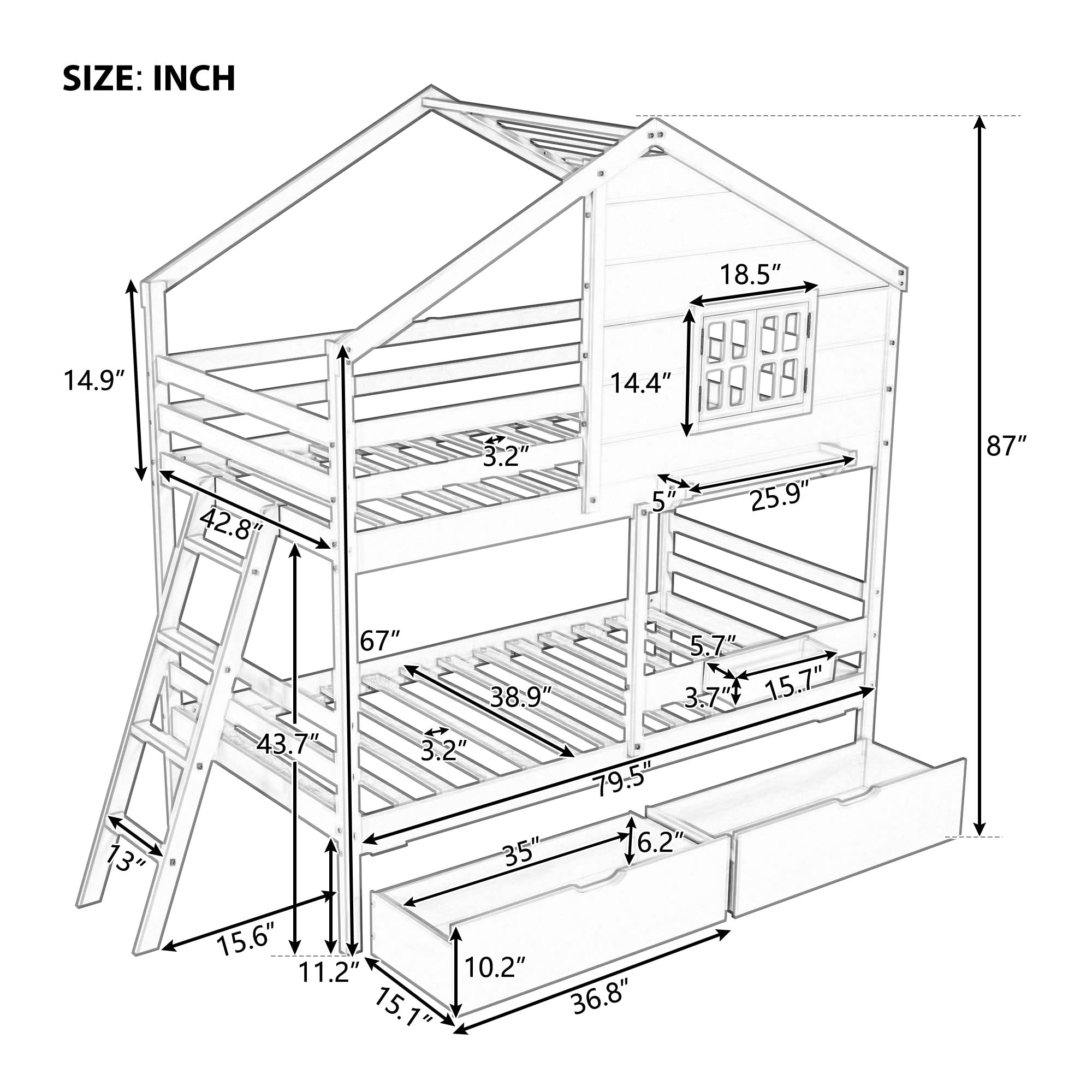 House Style Twin Over Twin Bunk Bed with Storage - No Box Spring Needed, Includes 2 Drawers, 1 Storage Box & Shelf - Gray Loft Bed for Teens, Kids, Boys or Girls - Perfect for Small Bedrooms, Dorm Rooms & Space-Saving Kids' Rooms